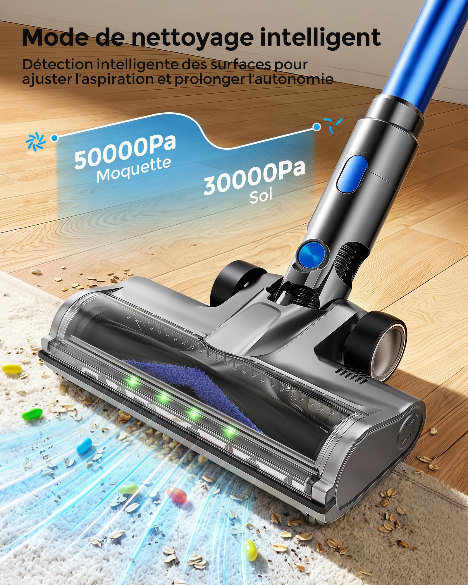 Aspirateur Balai sans Fil, 50Kpa/60Min Léger Aspirateur sans Fil, Auto-Stable, Brosse Anti-enchevêtrement, Écran LED Intelligent, pour Poils d'animaux, sols durs et Tapis,Bleu