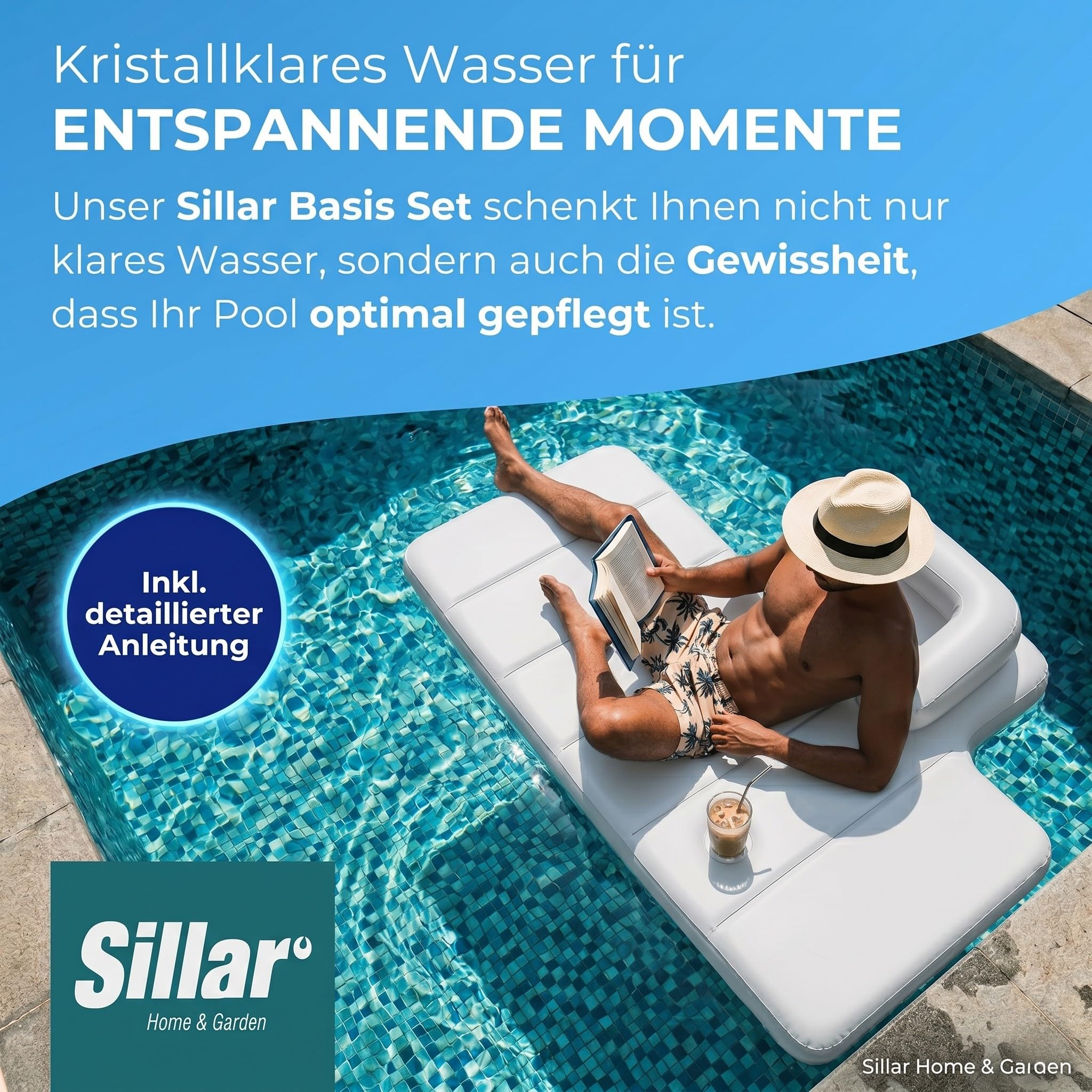 Sillar Pool Starter 7 in 1 Pool-Reinigungsset I Pool Zubehör I Pooltester pH/Cl-Messgerät, pH-Senker, Chlorgranulat, Klärmittel, Mittel gegen Algen, schrittweise Freisetzung von Chlor in Tabletten