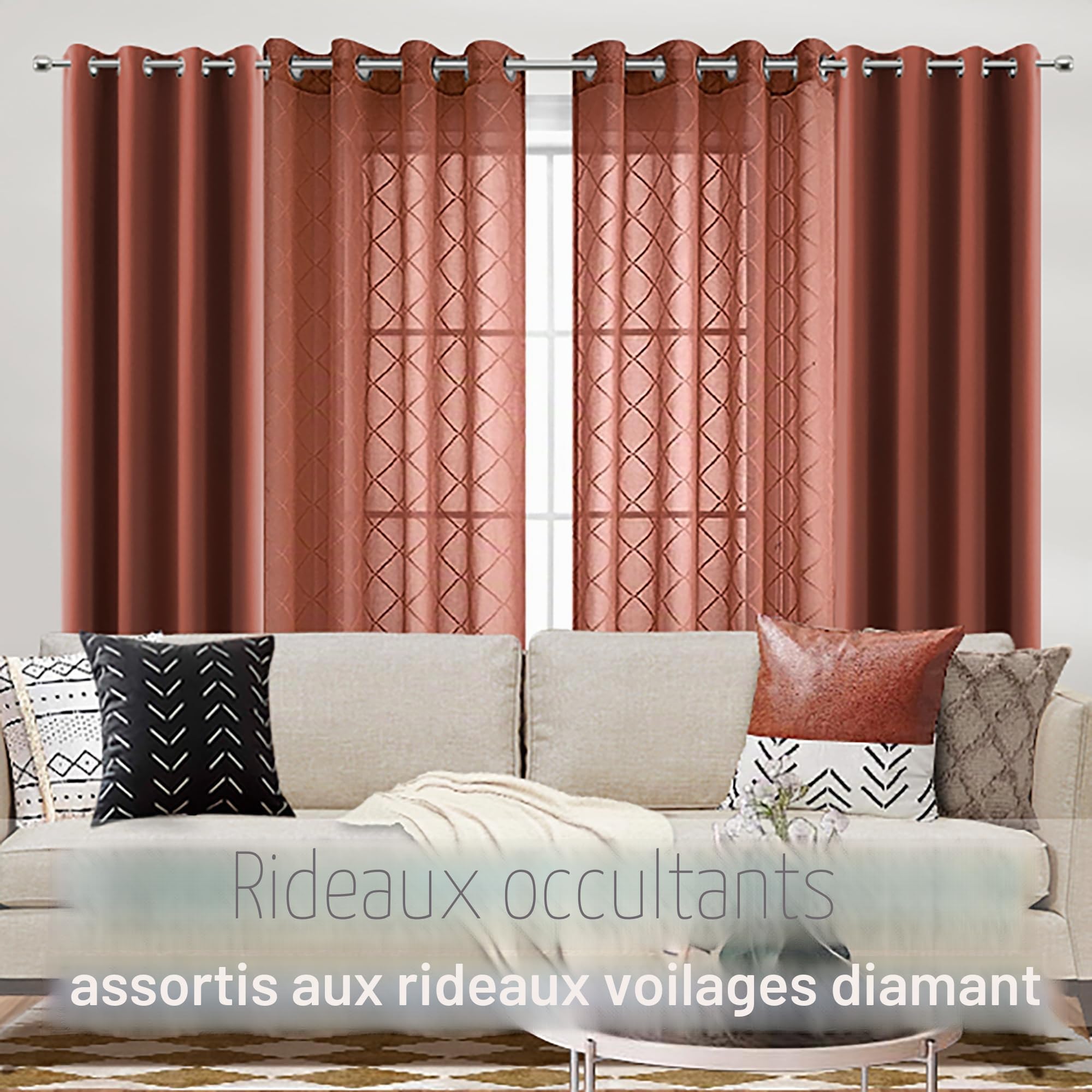 Lot de 2 Rideaux Transparents de 160 cm à œillets texturés en Lin Semi-intimité filtrant la lumière pour Chambre à Coucher, Salon, Orange brûlé, Rouille, Terre Cuite