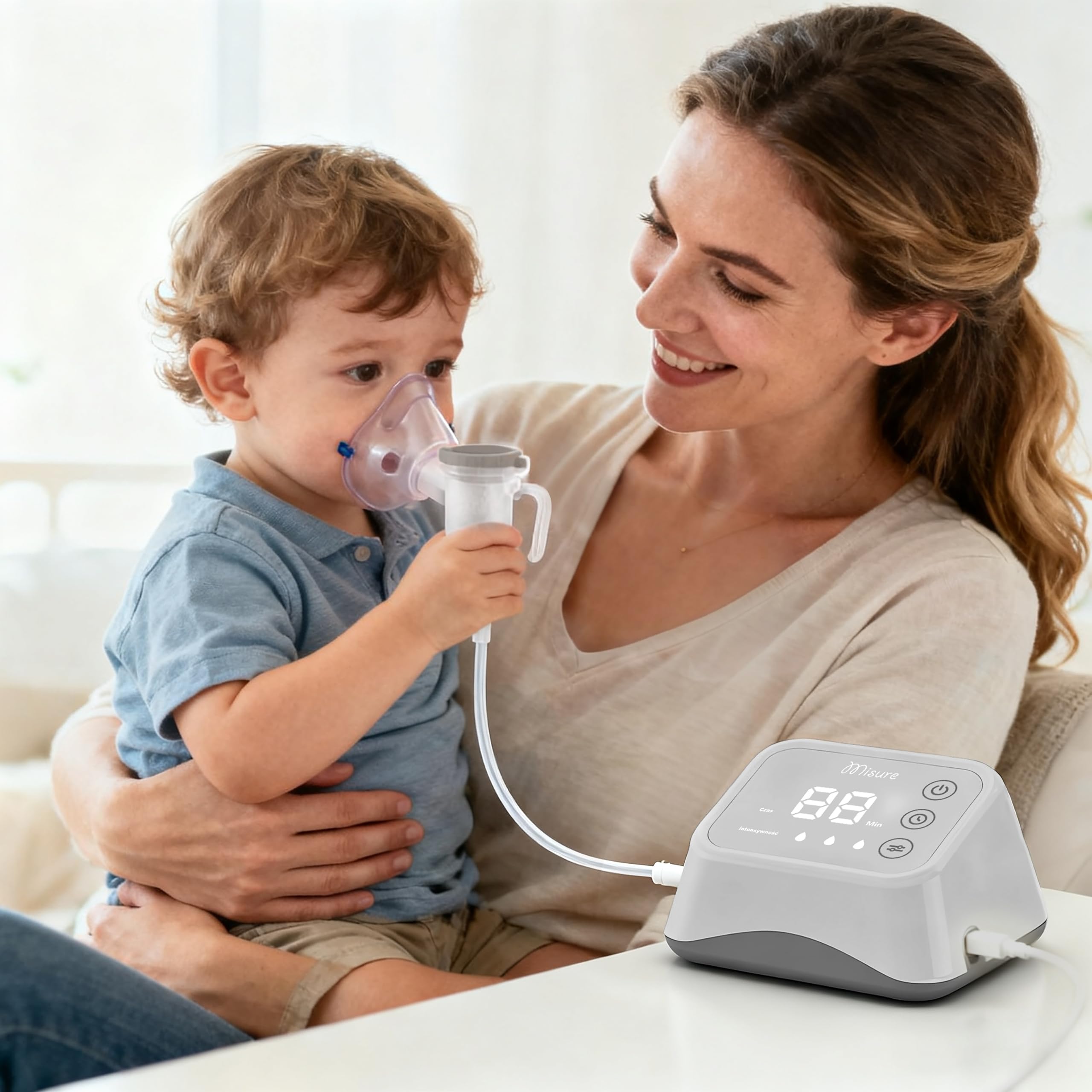MISURE Inhalatoren - Dampfinhalatoren - Inhalationsgerät - Kompressor Inhalator Vernebler Kinder, Erwachsene - Inhaliergerät mit Timer Intensitätsregelung 2 Masken Mundstück - Aerosolgerät mit Etui