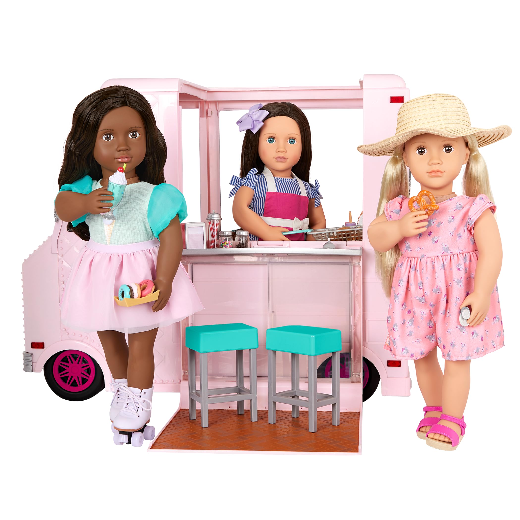 Our Generation Sweet Stop, Camion à Glace Rose pour poupées de 46 cm | Camion à glace rose avec tableau à craie, lumières, essuie-glace et 3 chansons; comprend 128 pièces au total; 3 ans et +