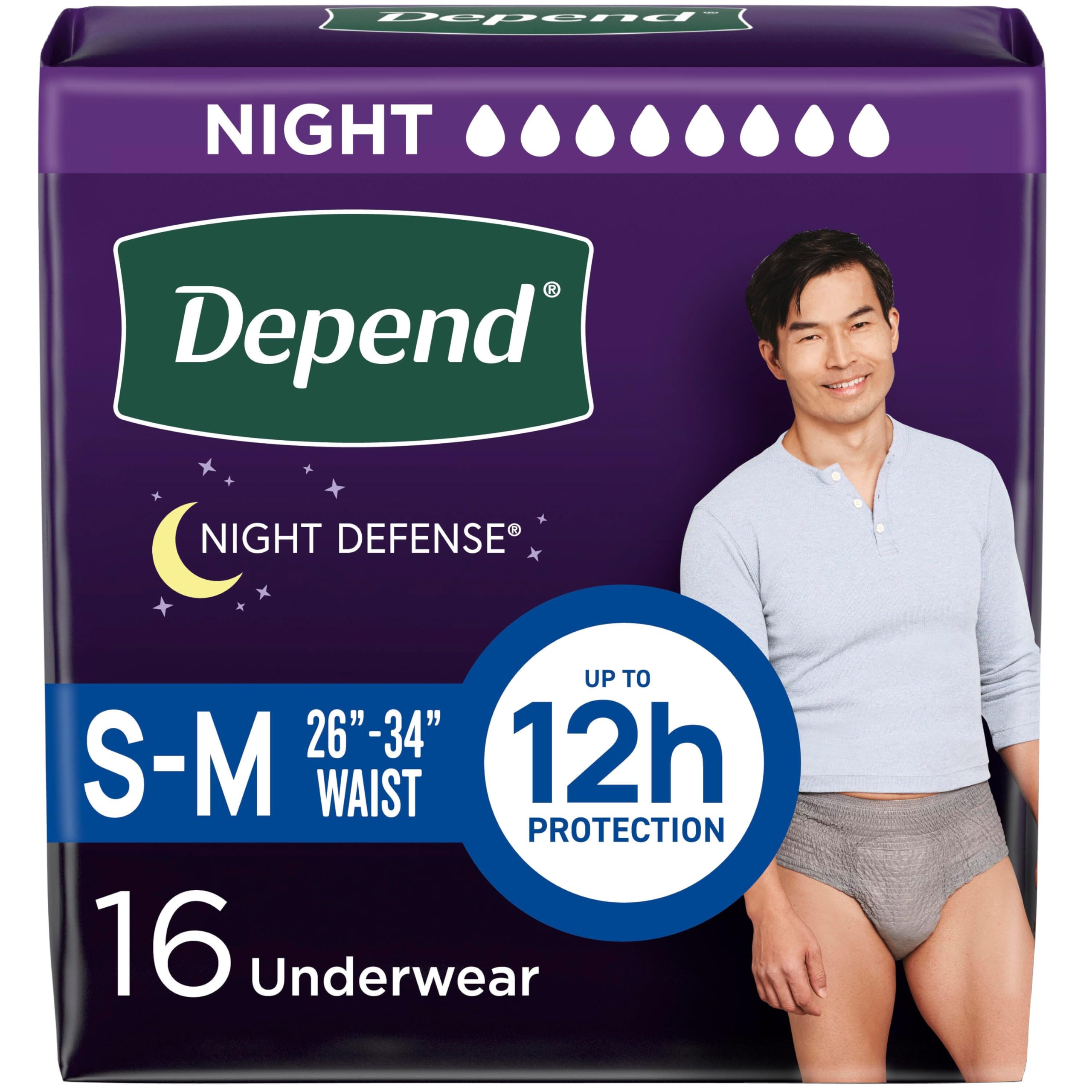 Depend Night Defense Adult Diapers, Incontinence Underwear for Men, Disposable, Overnight, Small/Medium, Grey, 16 Count, Packaging May Vary