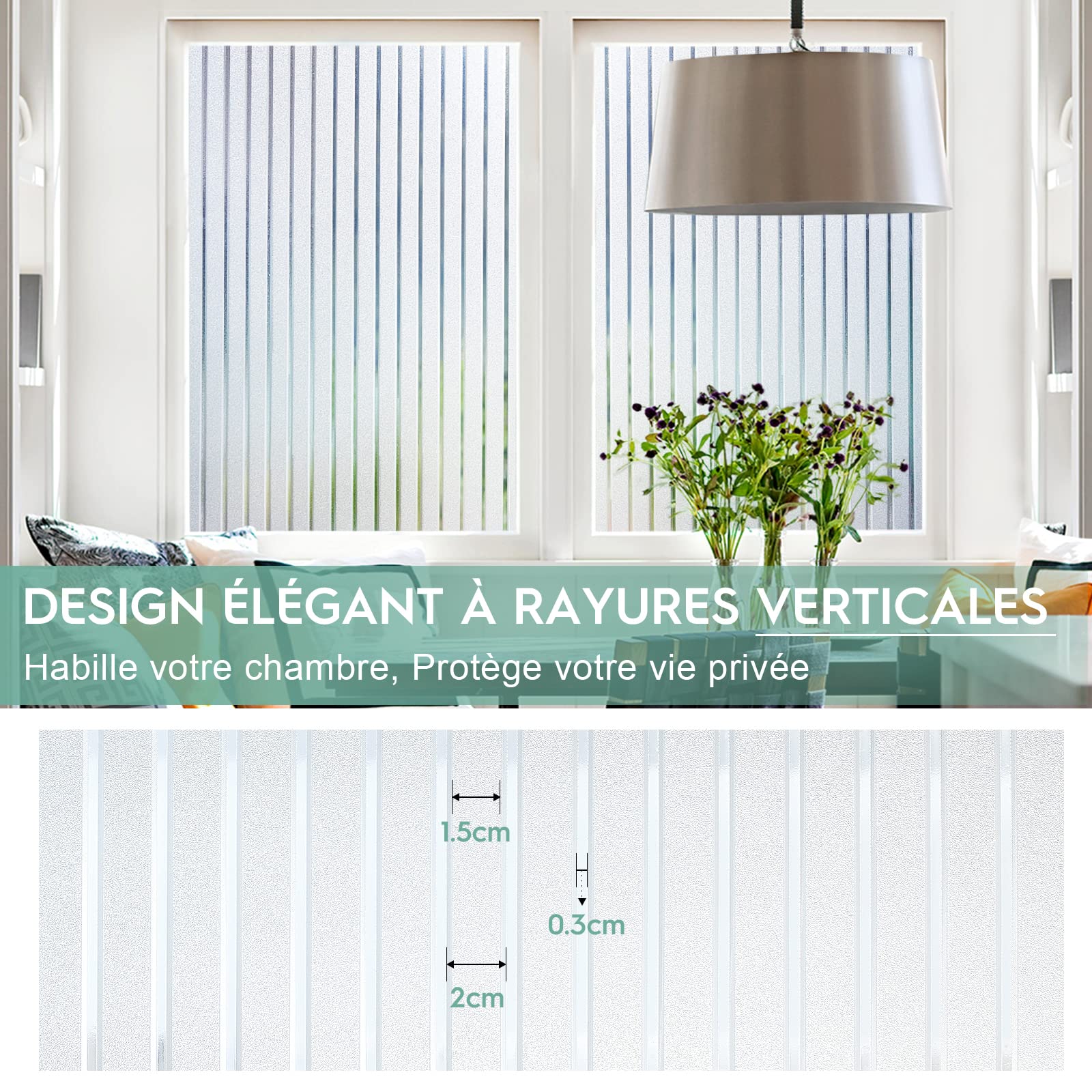 rabbitgoo Film Vitre Anti Regard à Motif Rayure 90x400cm, Dépoli, Anti UV | Brise Vue Fenetre Electrostatique, Sans Colle, Amovible, Réutilisable, Film Fenetre Décoratif pour Bureau Cuisine Salon