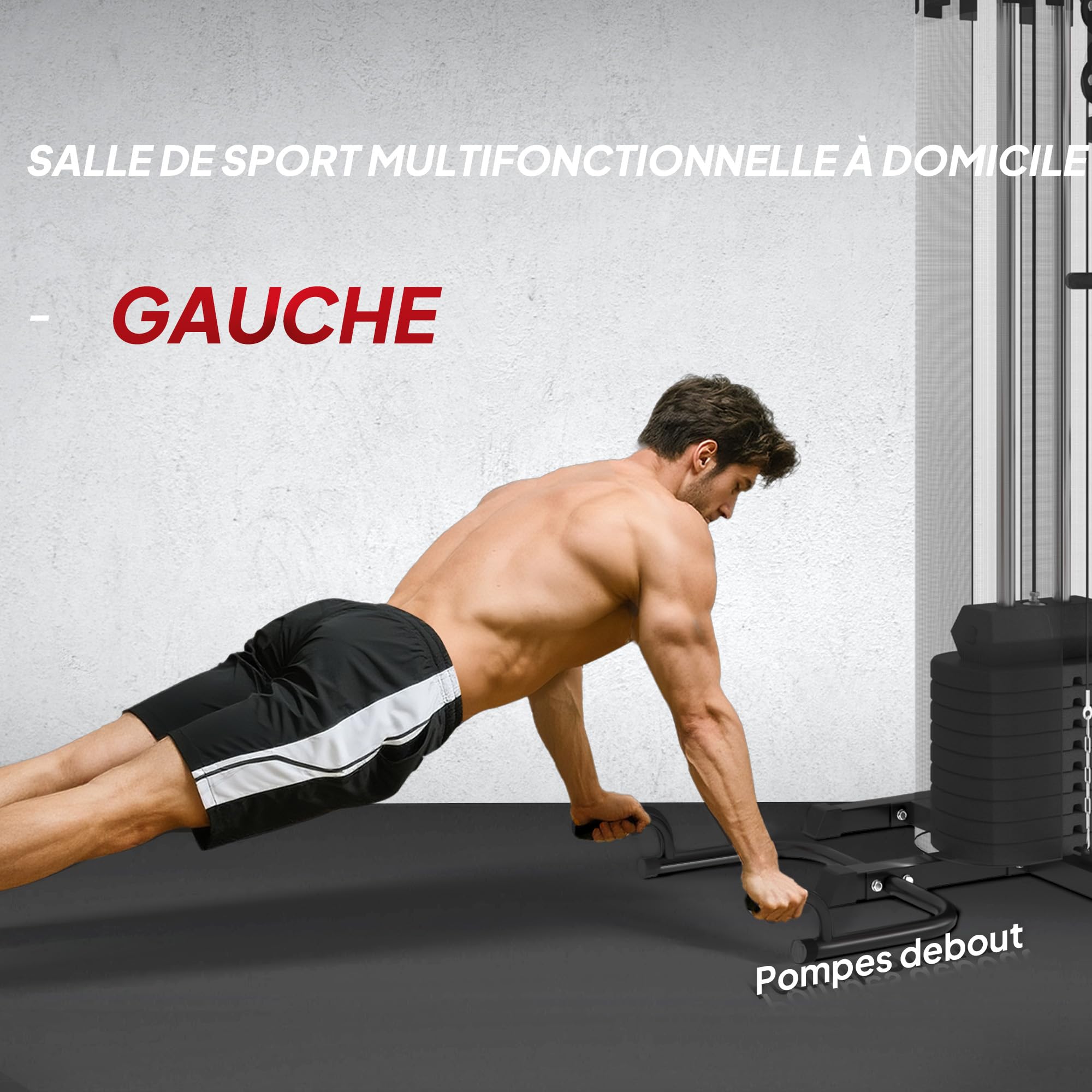 SPORTNOW Station Multi Gym avec Poids de 65 kg, Équipement de Musculation avec Banc pour Abdominaux, Support pour Pompes, Station de Dips, Réglable, pour Entraînement Complet