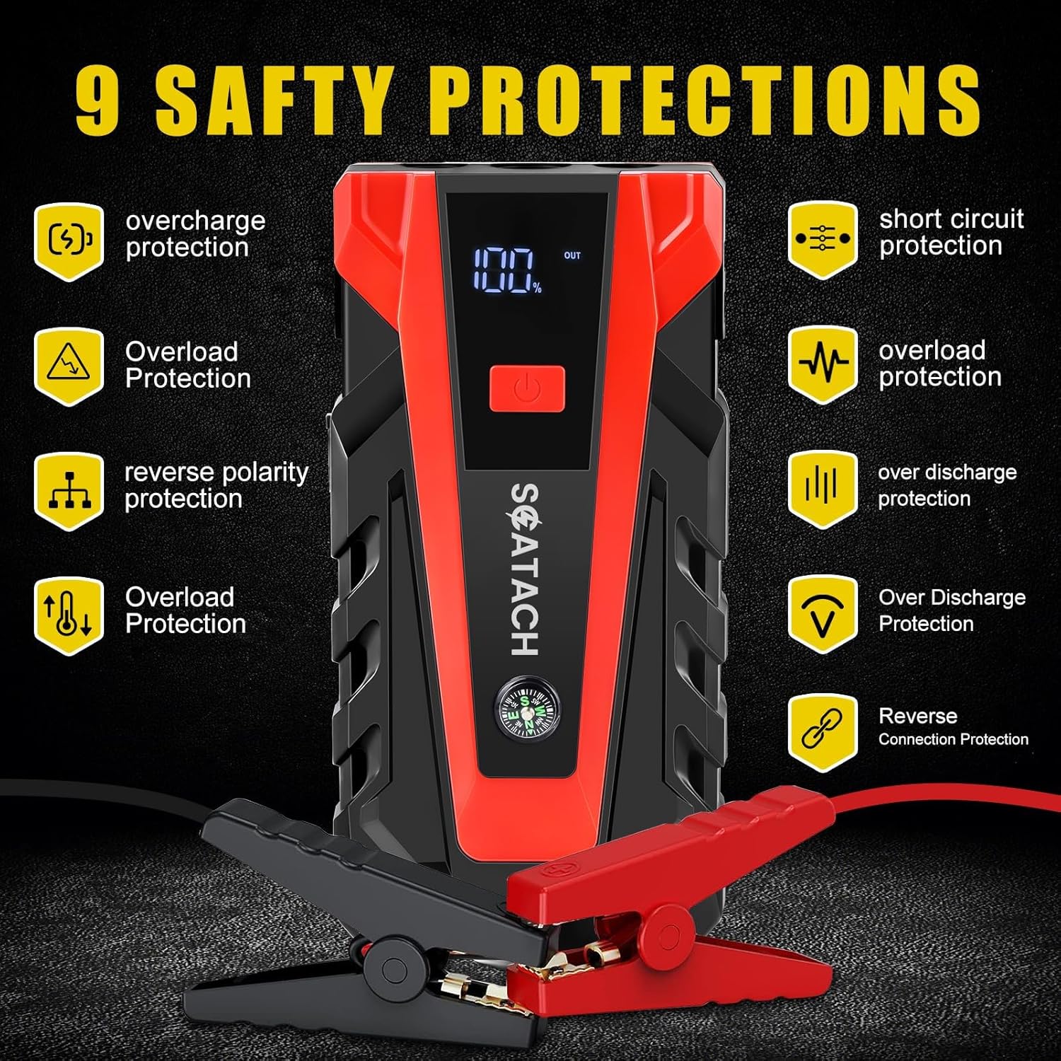 Scatach 5000A Jump Starter, 12V Jump Starter Battery Pack Portable (up to 9.0L Gasoline and 7.0L Diesel Engine), Car Battery Jump Starter Jump Box with LED Light and Jumper Cables - Image 6