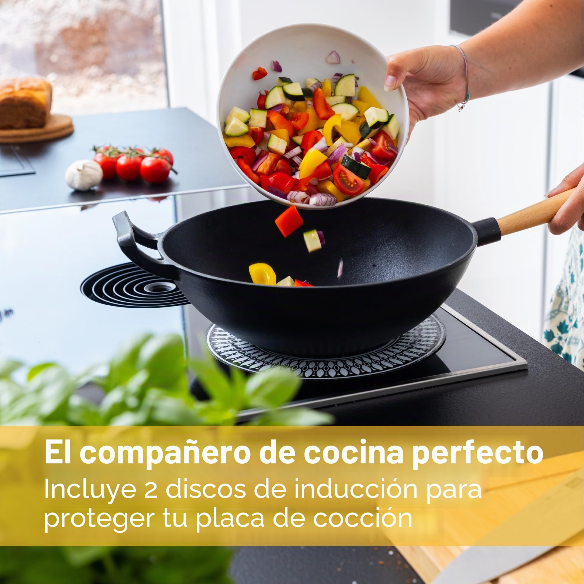 Wok de hierro fundido con revestimiento esmaltado, sartén antiadherente con mango de madera desmontable, utensilios de cocina, sartén de hierro fundido, wok antiadherente, 28 cm de diámetro