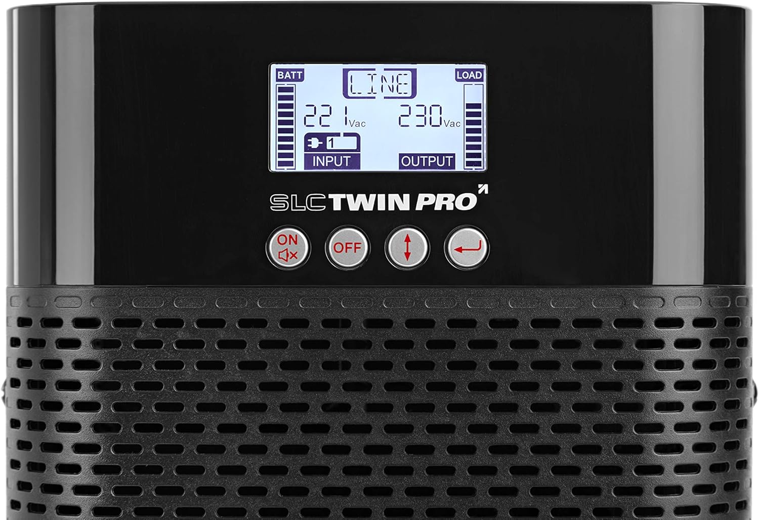 Close-up of the LCD display and control buttons on the Salicru SLC 700 Twin Pro2 UPS.