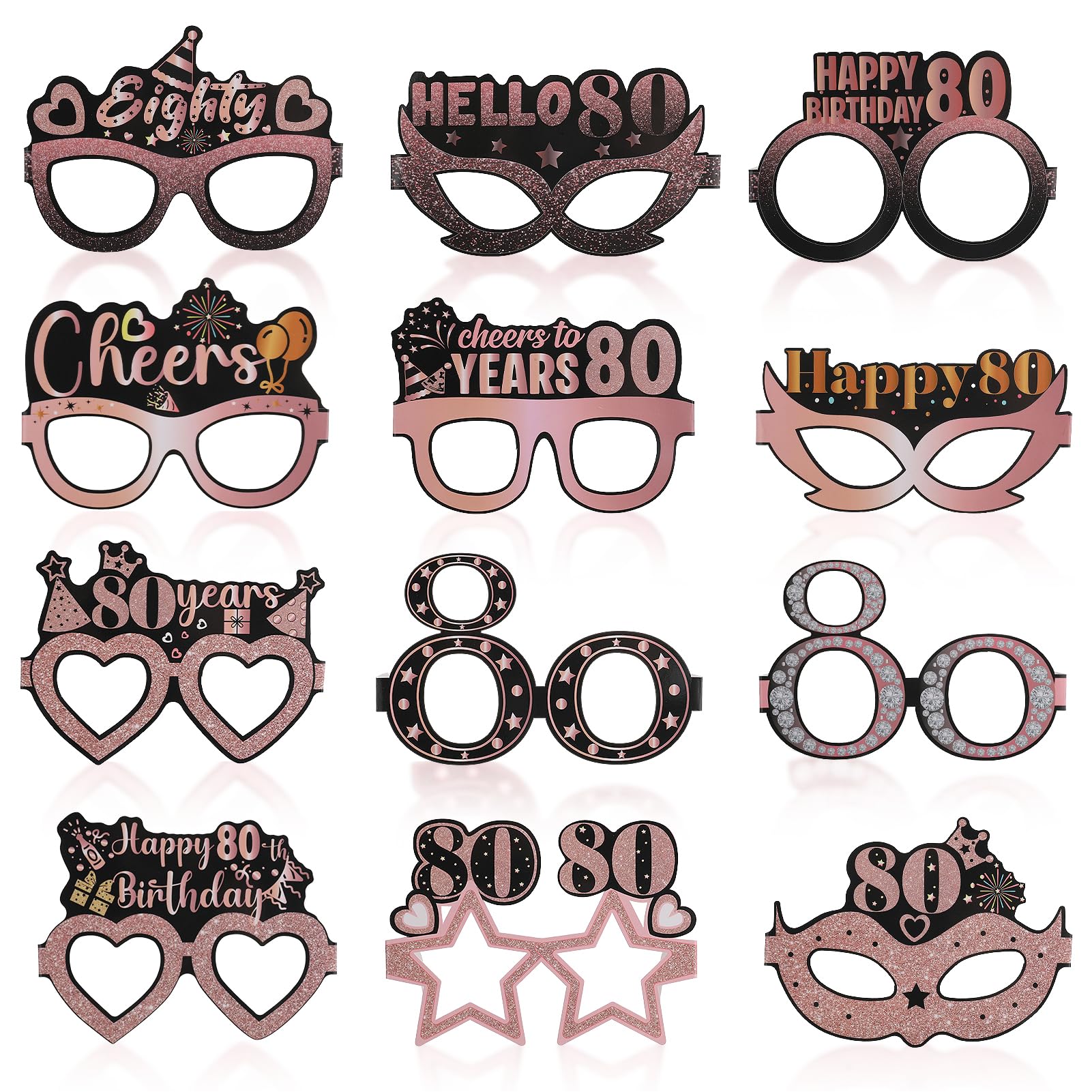 saerryor 24 Pcs 80th Birthday Glasses Happy Birthday Glasses 80th Birthday Decorations for Women Pink Rose Gold Black Birthday Sunglasses Photo Booth Props 80th Party Decorations