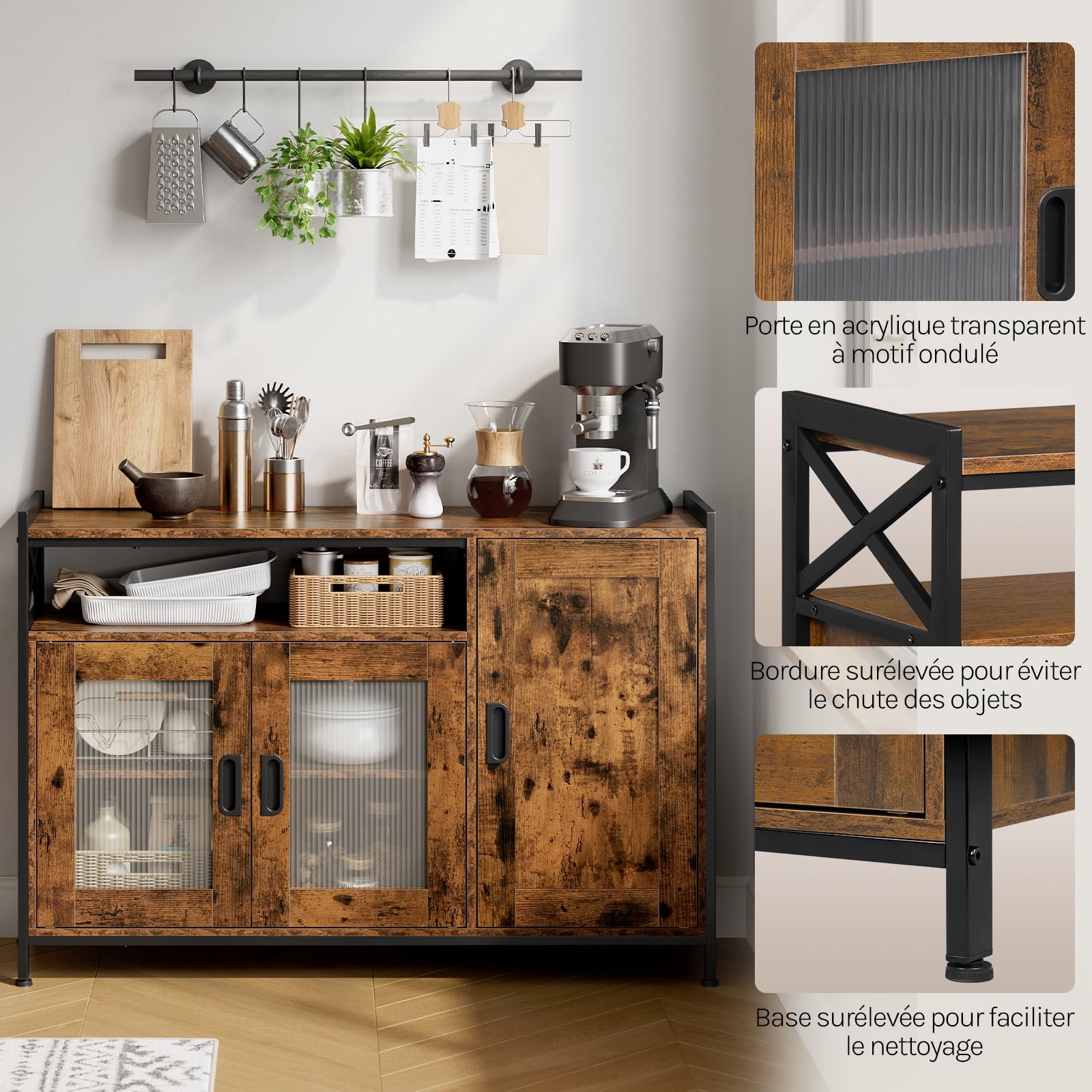 WOLTU Buffet de Cuisine, Meuble de Rangement, avec 3 Portes, Plan de Travail et Compartiment Ouvert, pour Cuisine, Salon, Entrée, 110x33x75 cm, en Bois + Métal, Marron Rustique