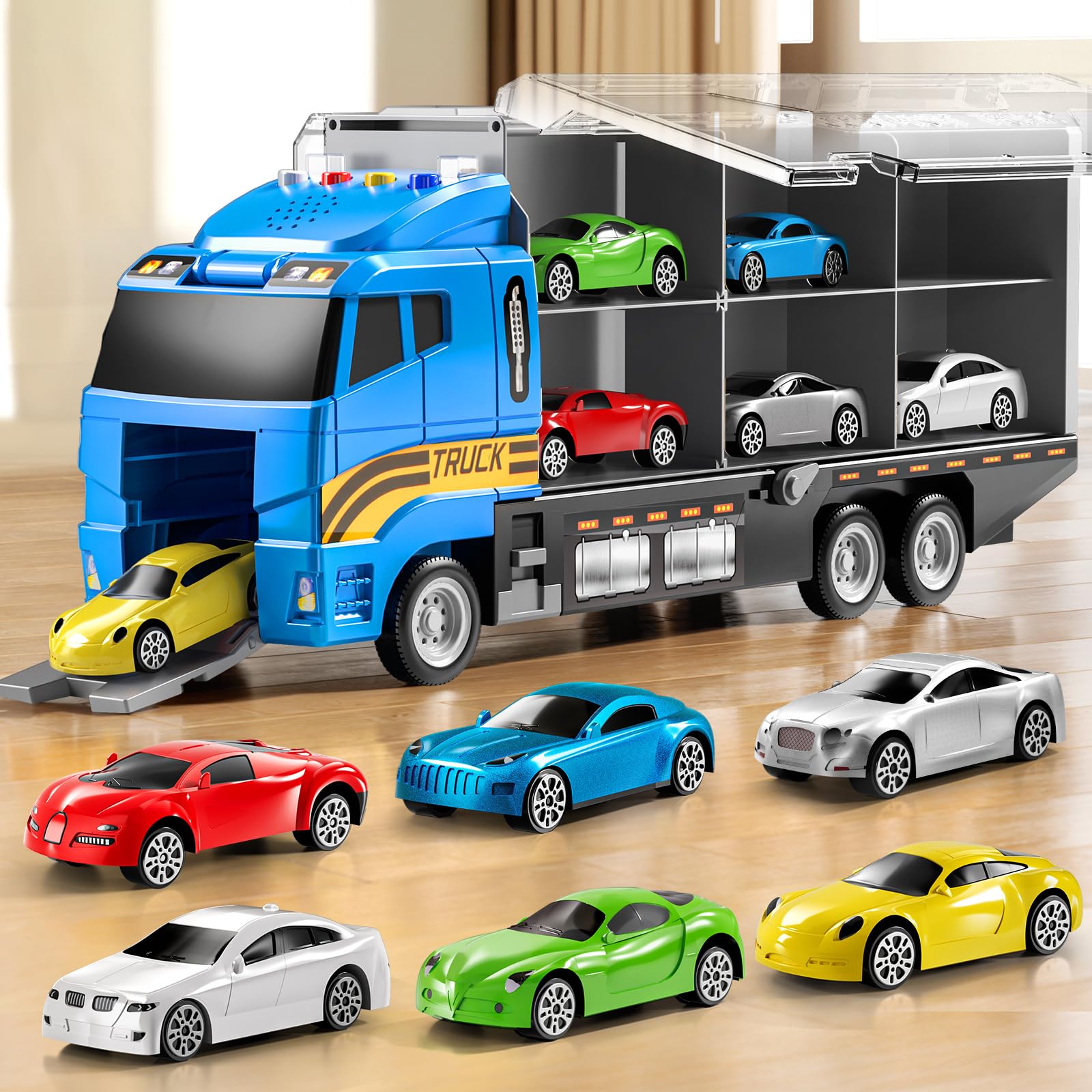 Toddler Boys Toys for 3 4 5 6 Years Old, Truck Vehicle Set with Play Mat and Die-Cast Toy Car, Transport Carrier Truck for Kids, Birthday Gifts Toys for 3 4 5 6 7 8+ Year Old Boys
