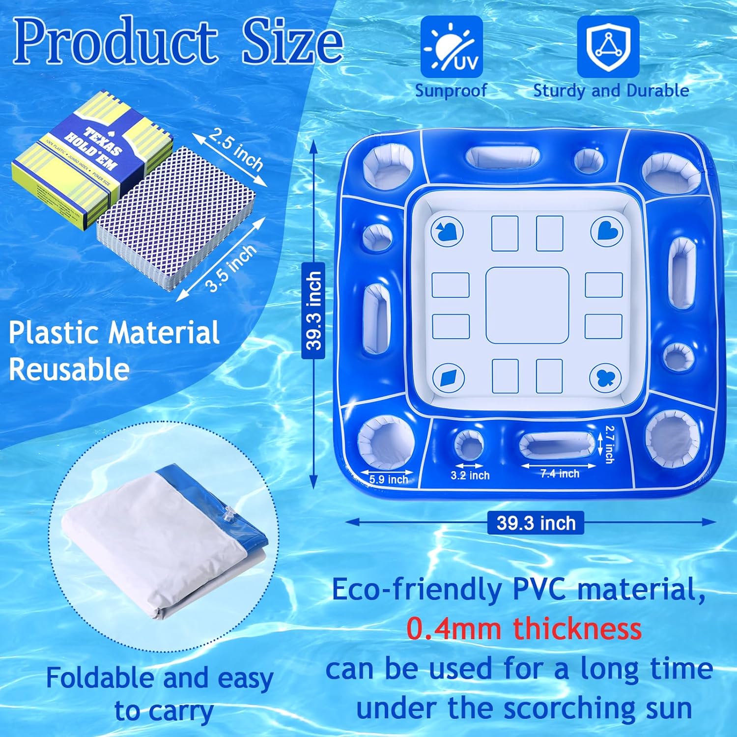 Pool Inflatable Game Table with Waterproof Playing Cards(35.5 inches×35.5 inches,Blue/White)
