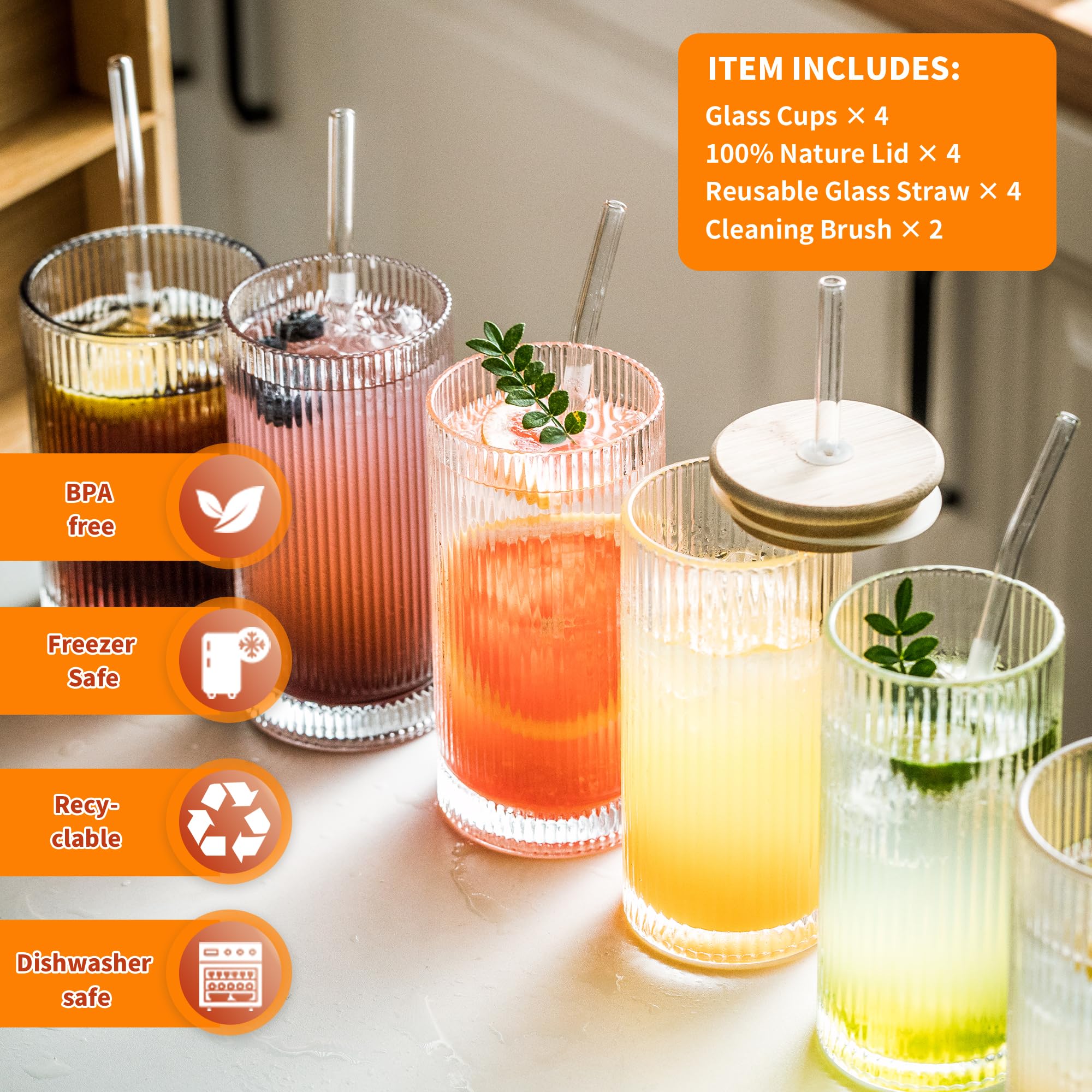 4x Geriffelte Glasbecher Mit Deckel & Strohhalm – 680 Ml, Vintage Look, Für Auto-Cupholder Geeignet