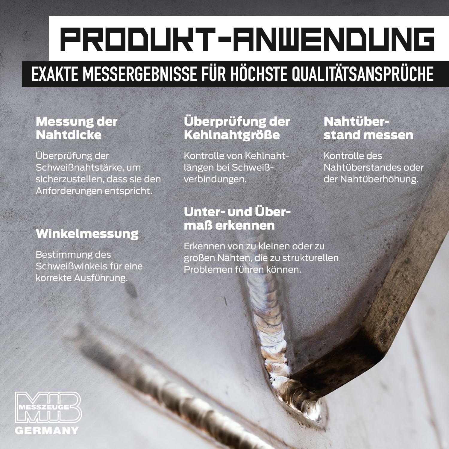 MIB Schweißnahtlehre in Präzisionsausführung, rostfrei & mattverchromt | Messgerät | Messlehre Flachschweißnähte & Ecken | Handwerkzeug | Messbereich 0-20mm | 60°, 70°, 80°, 90° Winkel | inkl. Etui