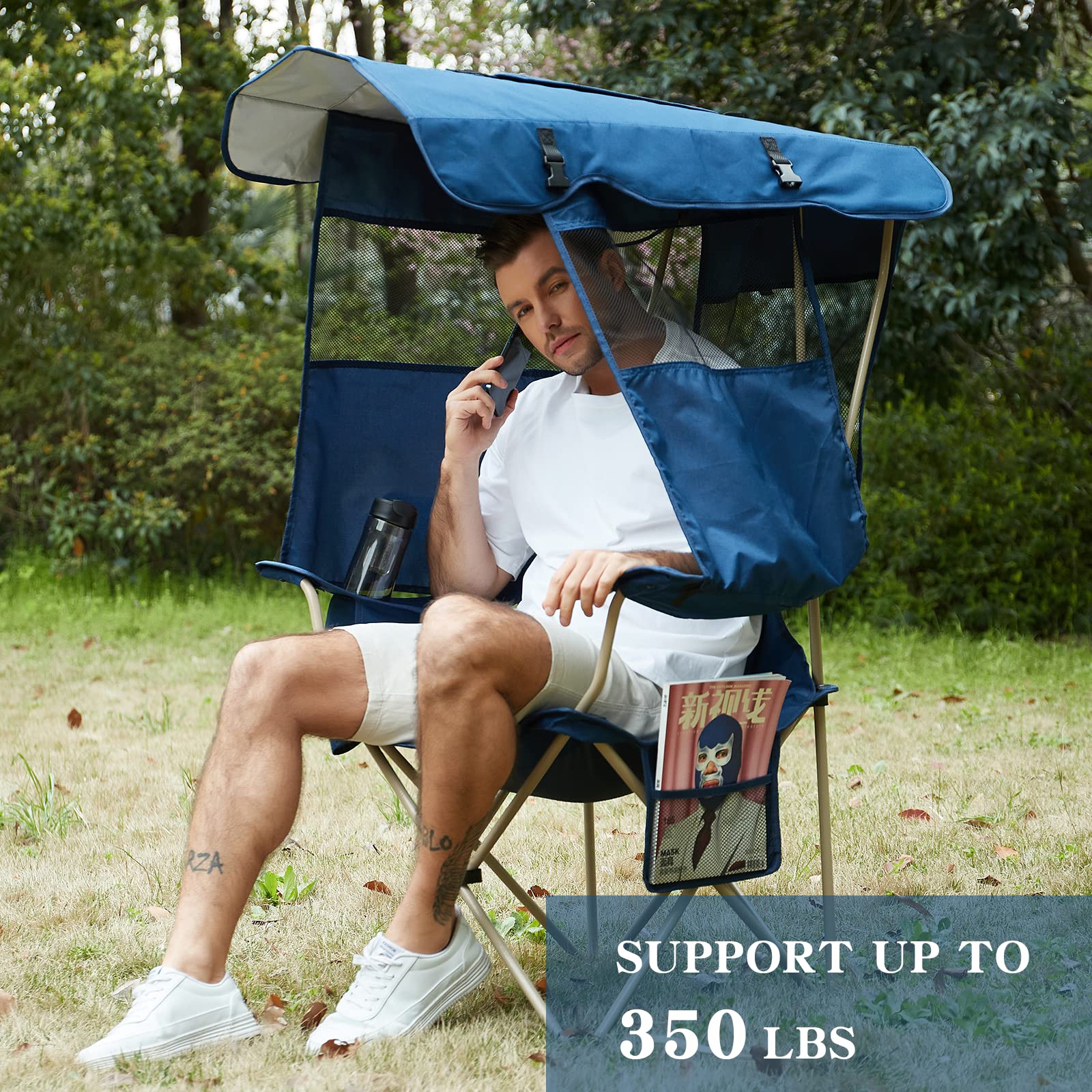 Huskfirm Camping Chair with Canopy Shade,Portable Folding Chair with UPF 50+ Sun Shade,Cup Holder,Side Pocket,Soccer Chair Adults for Camp,Beach,Outdoor Sports-Support 330 LBS Blue