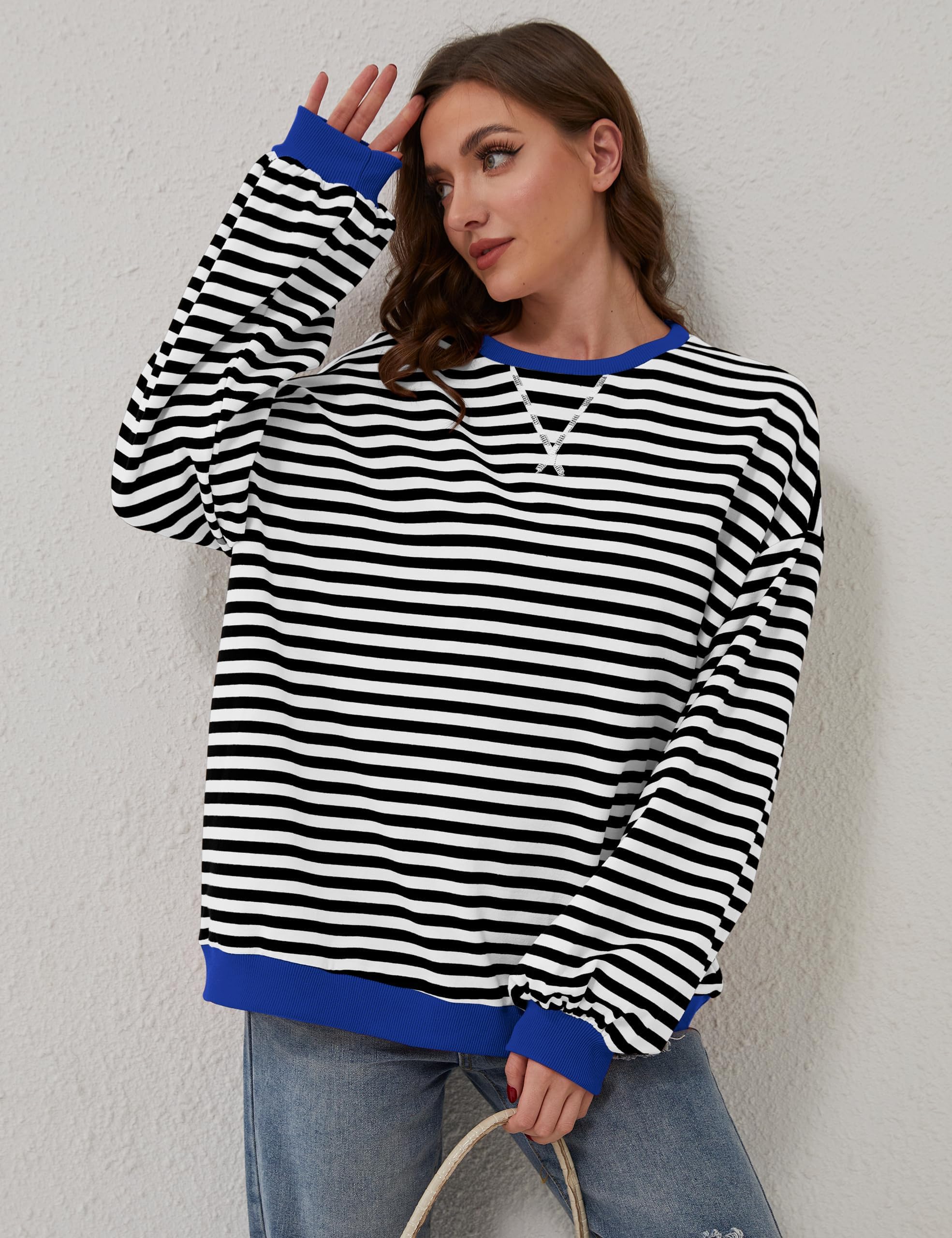 DUOEASE Jersey Mujer Otoño Cuello Redondo Manga Larga Rayas Camiseta Casual Oversize Sudadera Mujer Sin Capucha
