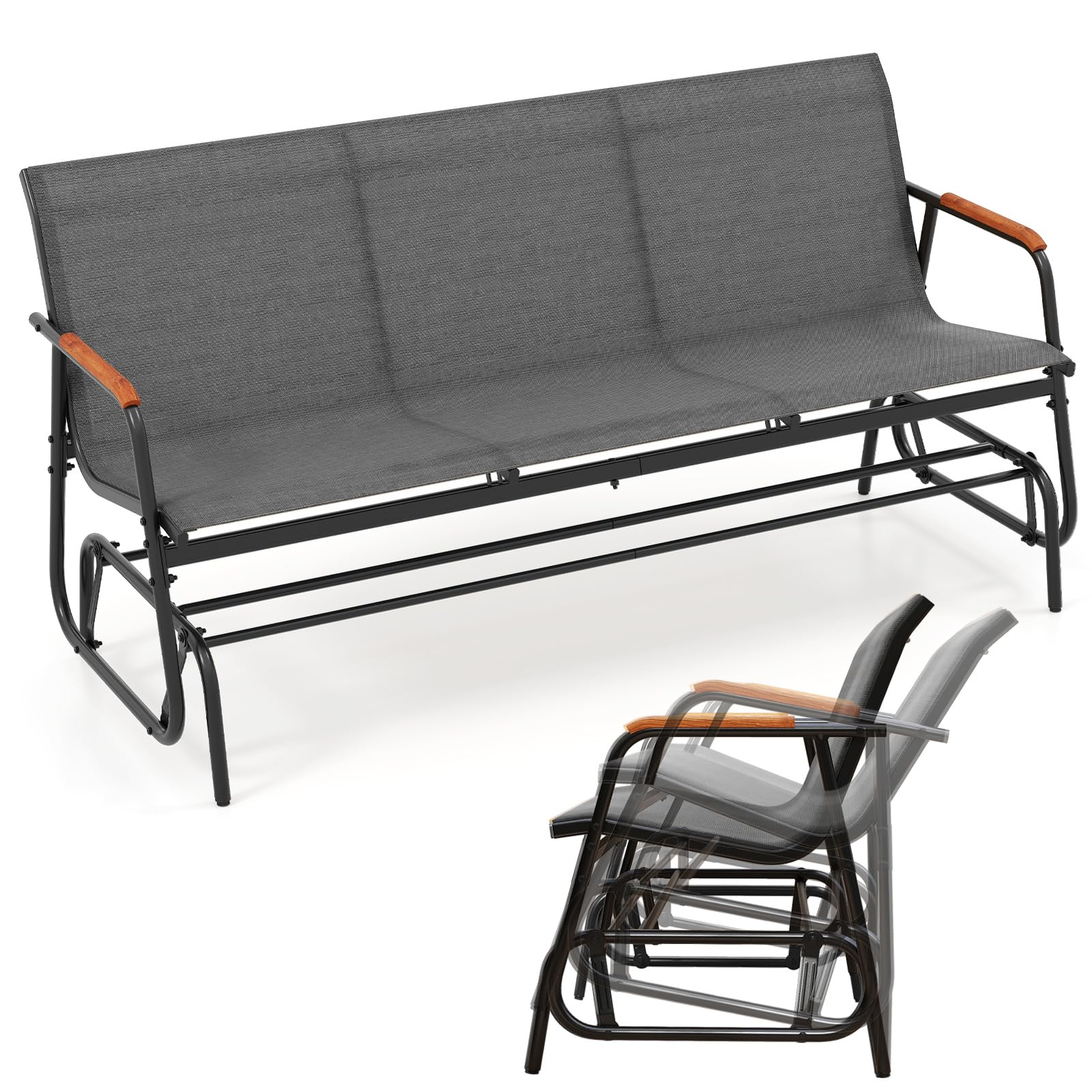 KOMFOTTEU Banco Balancín de 2/3 Plazas, Silla Mecedora de Jardín de Tela con Reposabrazos Curvos de Madera Maciza, Banco de Balanceo con Carga 300/450 kg, para Terraza, Exterior (74 x 169 x 84 cm)