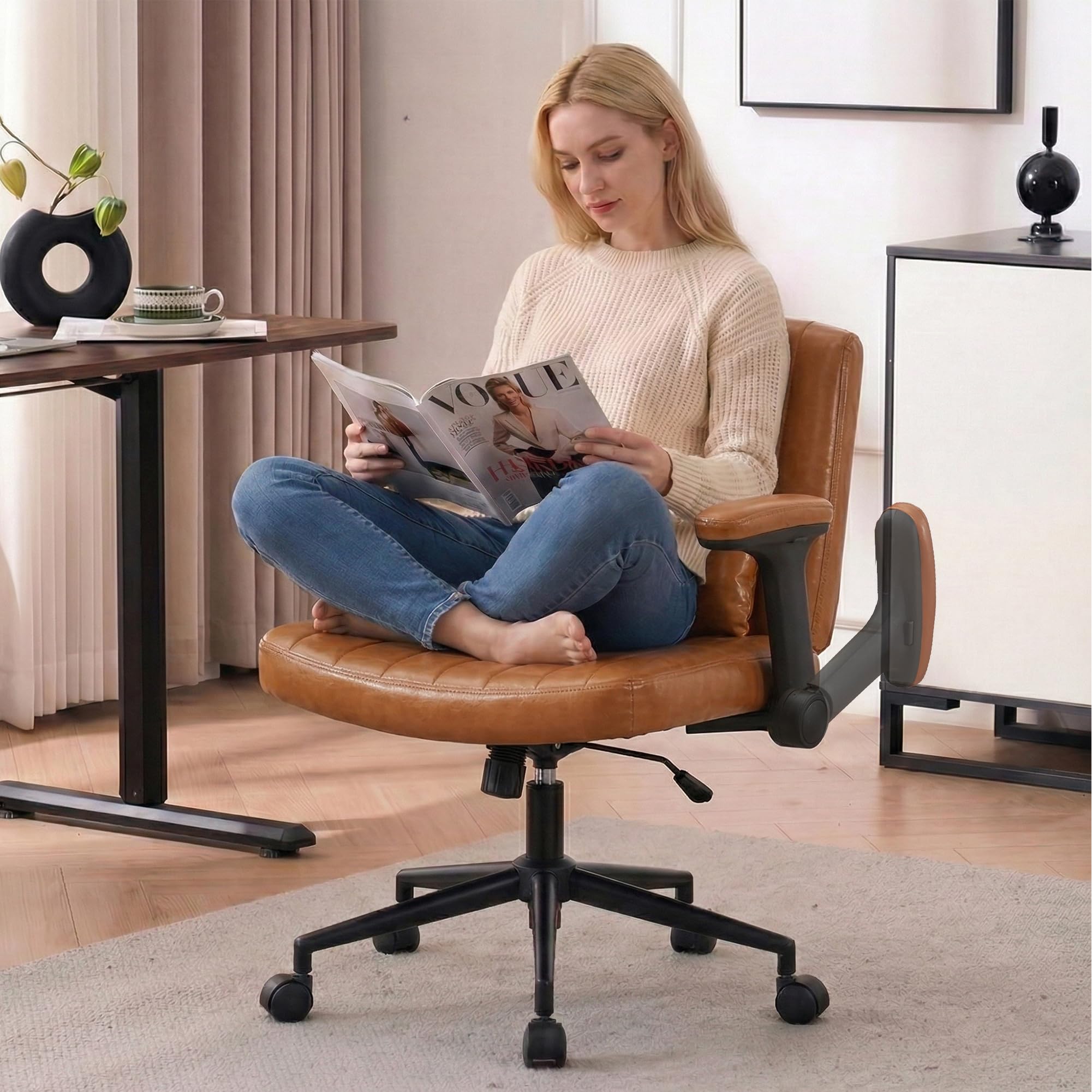SnyFivv Cross Legged Office Chair with Flip-Up Arms & Wheels PU Leather