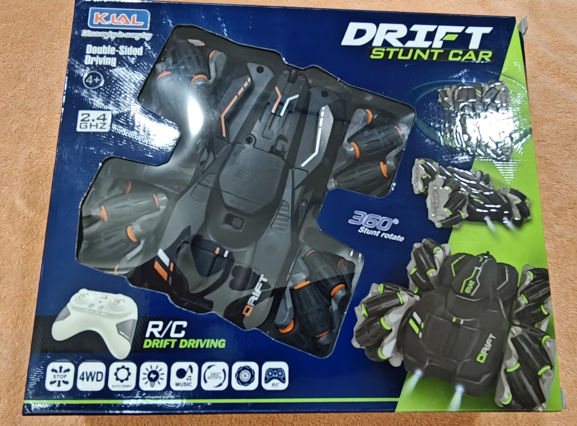 RC Stunt Drift Car, 17x17x8 cm, Black and Orange, Black and Green, 4WD, Double-Sided Driving-image-22
