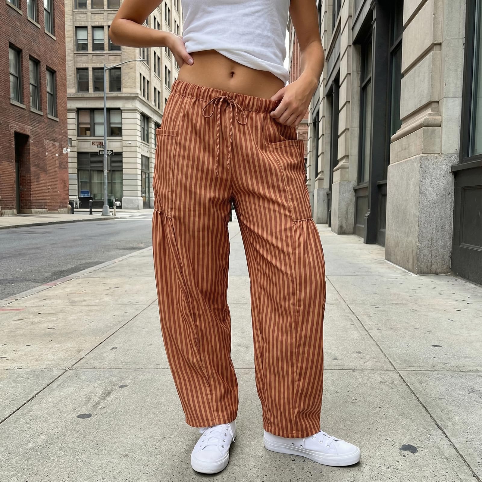 Sexy Outfit Pantalon Sarouel rayé en Coton et Lin pour Femmes, Ample, Jambes Larges, Cordon de Serrage, Pantalon de Plage avec Poches, vêtements de détente d'été
