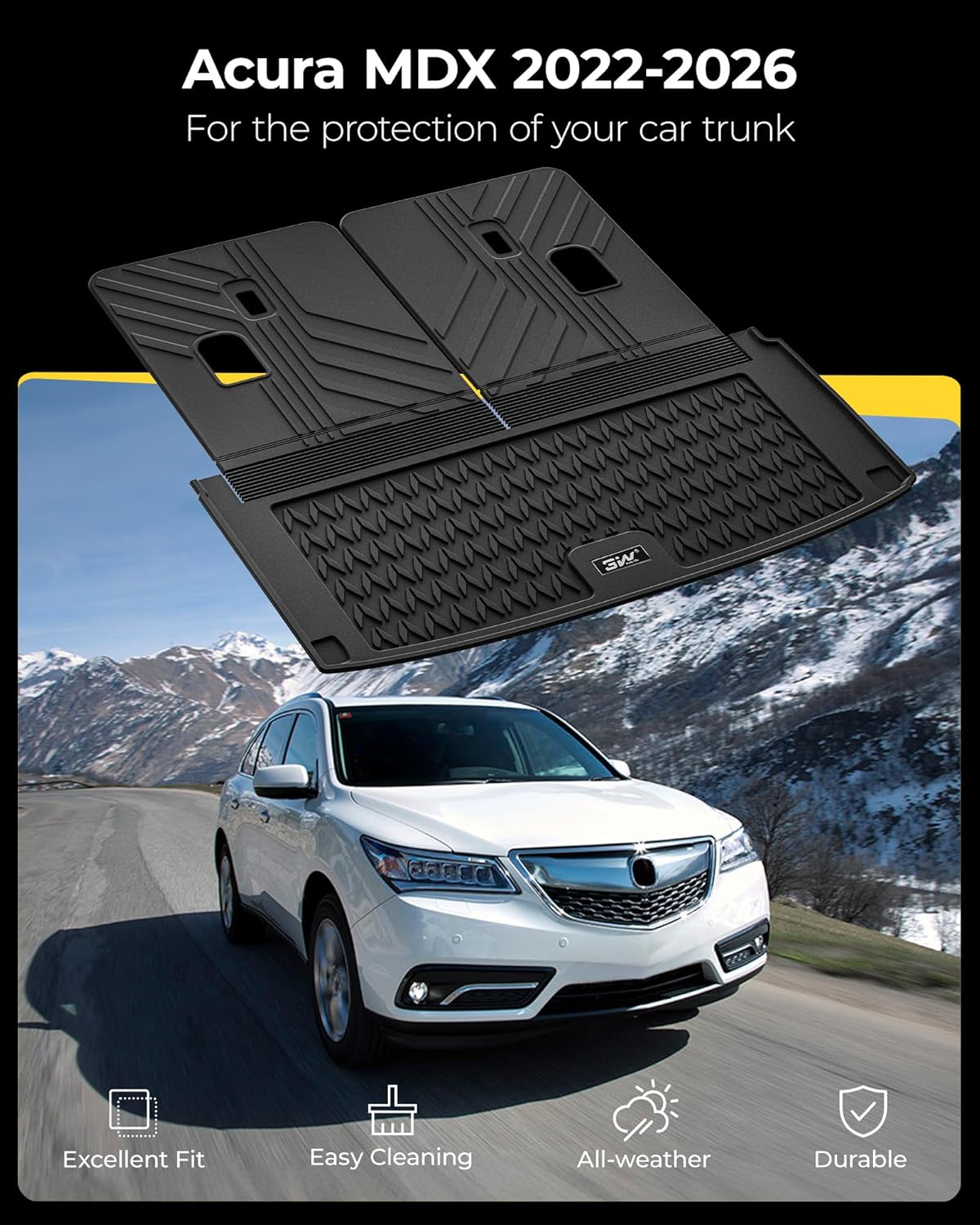3W Trunk Mat with Backrest Mat Fit 2022-2025 2026 Acura MDX Accessories, Cargo Mat and Seat Back Cover Protector TPE All Weather, Black