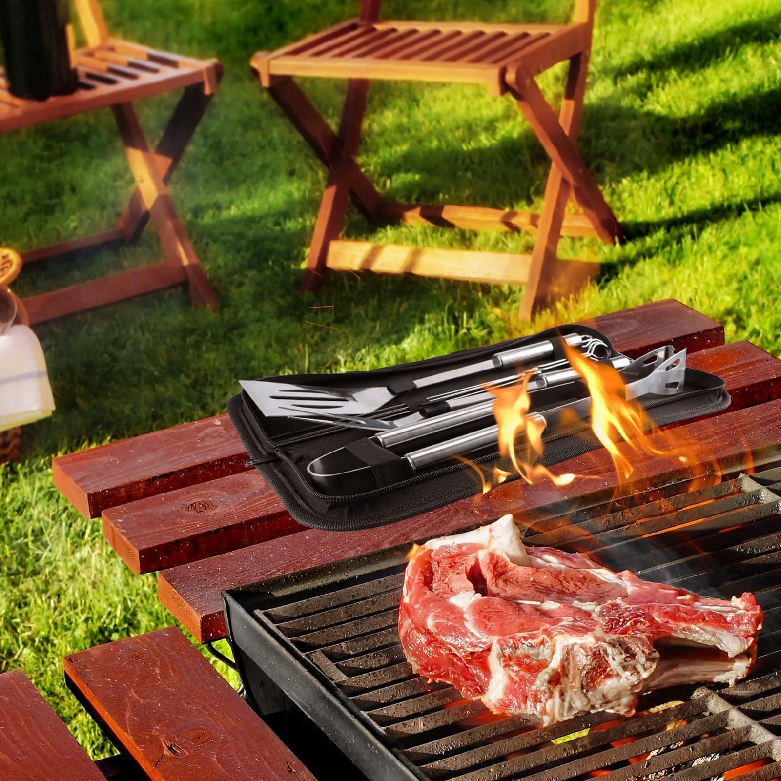 Juego de herramientas para barbacoa, 7 piezas, accesorios para barbacoa, tenedor, pinzas para barbacoa, espátulas, palillos de barbacoa, herramientas de cocina de acero inoxidable con bolsa de