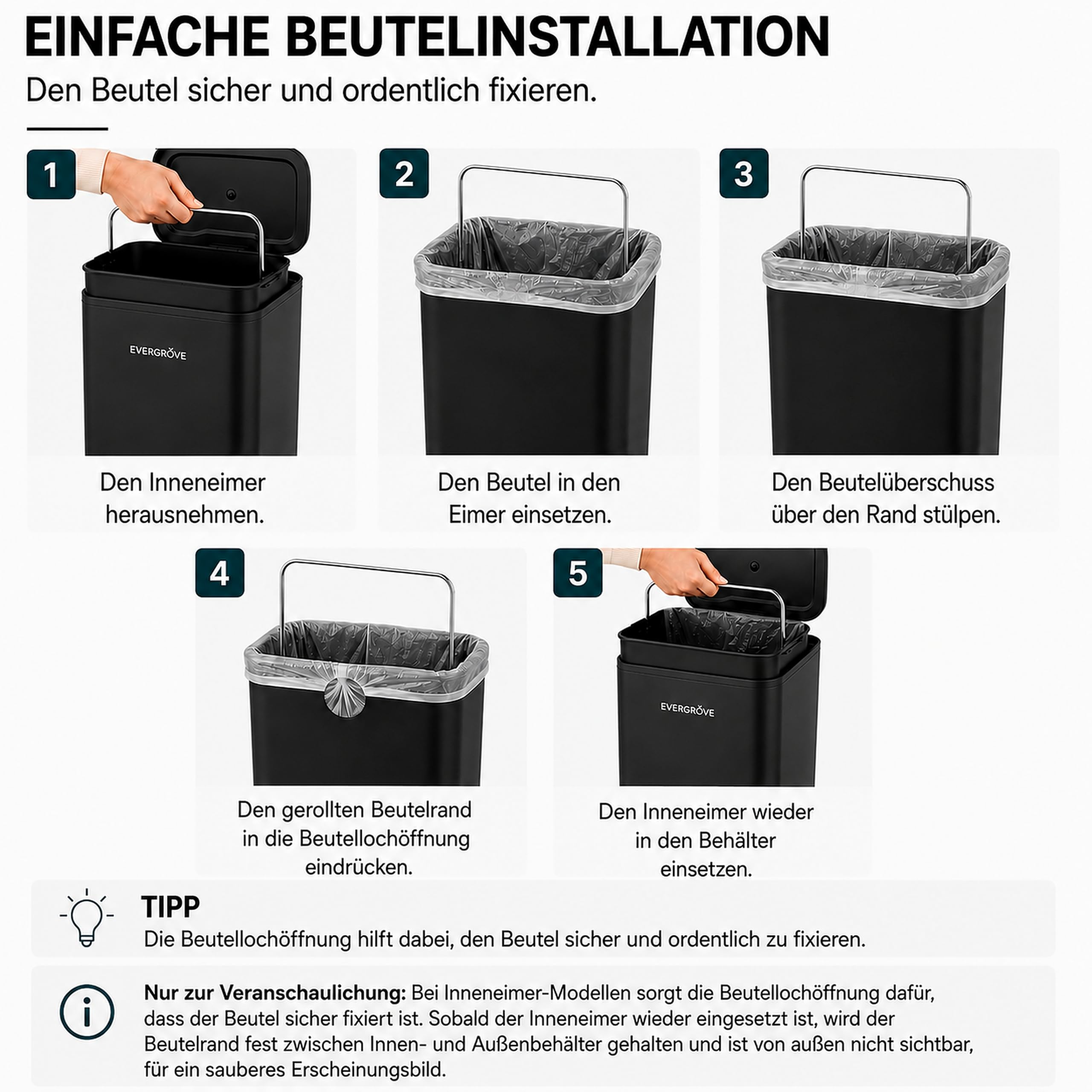 EverGrove Recycling Edelstahl-Mülleimer mit Fußpedal (Schwarz, 50, Liter) | Treteimer‑Pedal, Soft‑Close Deckel, herausnehmbarer Inneneimer und Mülltrennungssystem