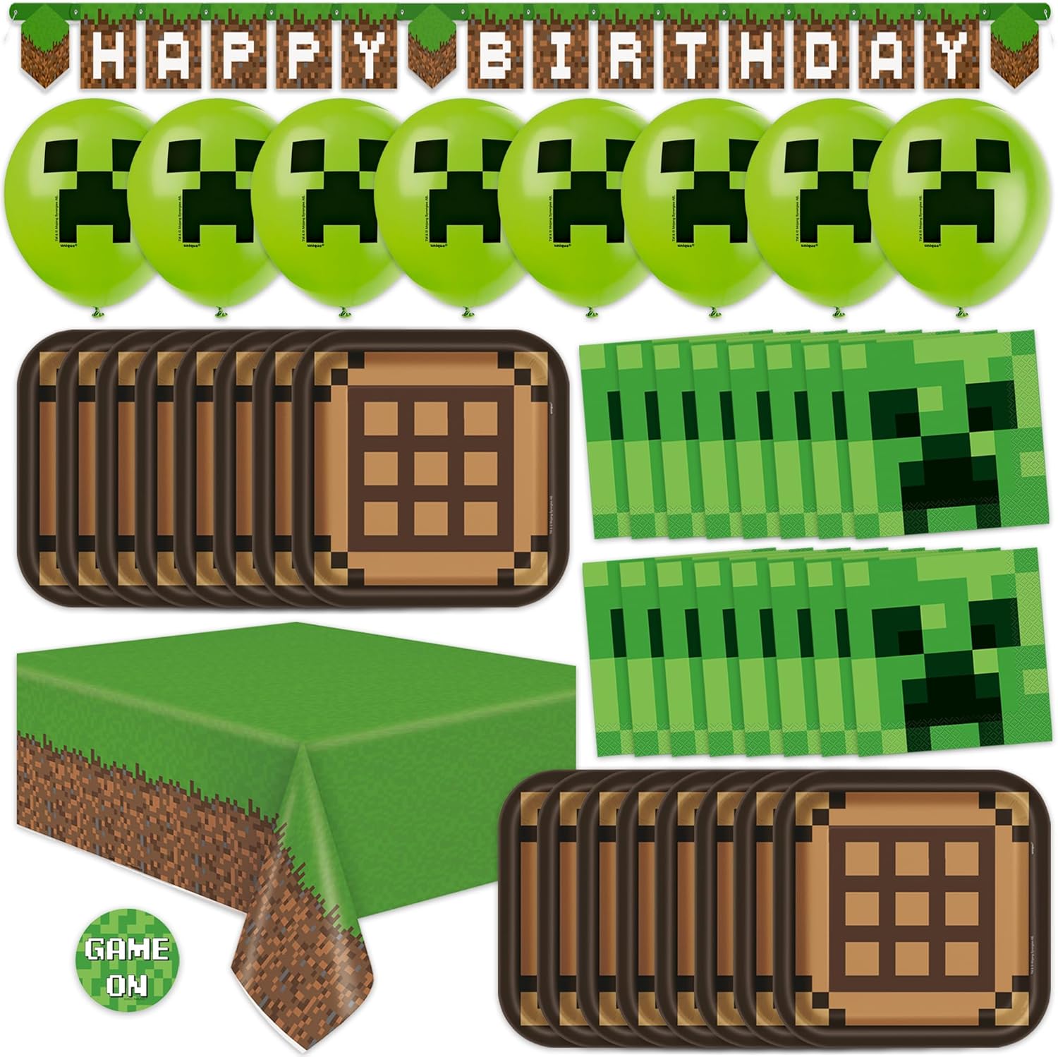 Minecraft Birthday Decorations - Serves 16 | Party Supplies: Minecraft Balloons, Birthday Banner, Plates, Tablecover, Napkins, Stickers