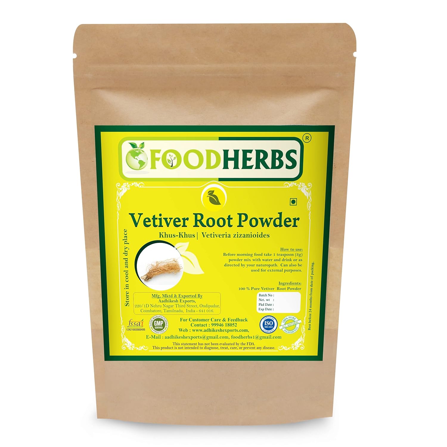 Foodherbs Vetiver Root Powder 100 GMS / Khus Khus / Vetiveria