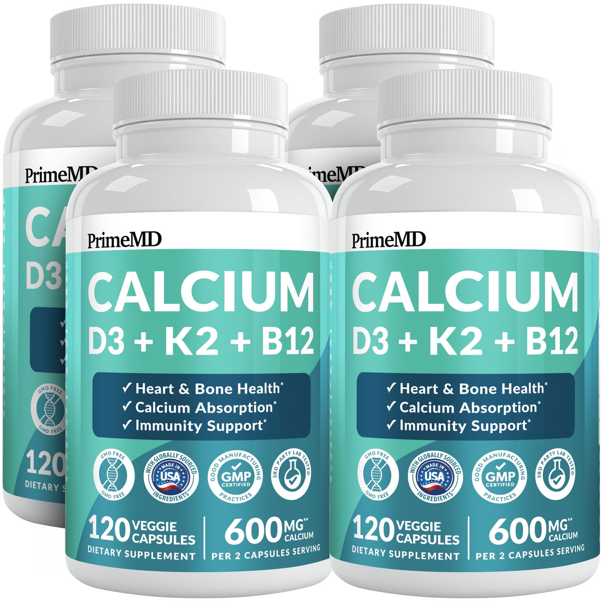 PrimeMD 4-in-1 Calcium 1200mg, Vitamin D3 K2 5000IU, Vegan Non-GMO, 120ct 120 Count (Pack of 4)