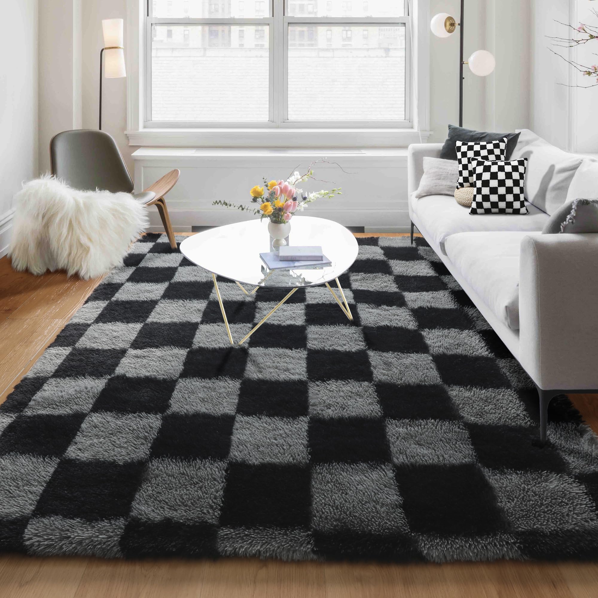 KICMOR Checkered Rugs for Living Room 5x8 Black and Grey, Fluffy Fuzzy Plush Soft Shag Area Rug, Large Big Shaggy Floor Carpets Geometric Rug for Bed