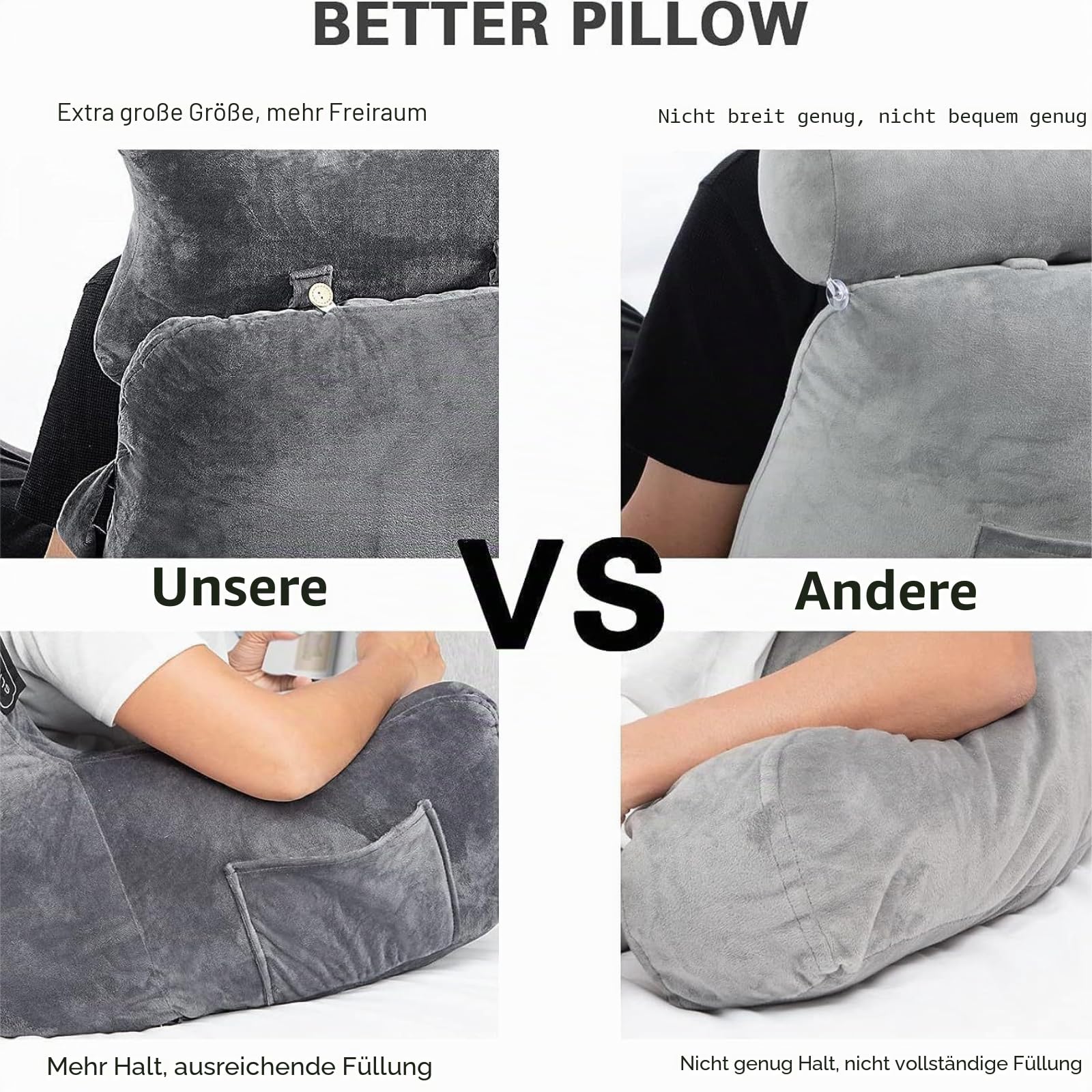 Lesekissen für Erwachsene mit Armstütze und abnehmbarem Nackenkissen – Weiches Velours-Rückenkissen zum Lesen, Fernsehen oder Spielen, mit Seitentaschen und waschbarem Bezug.