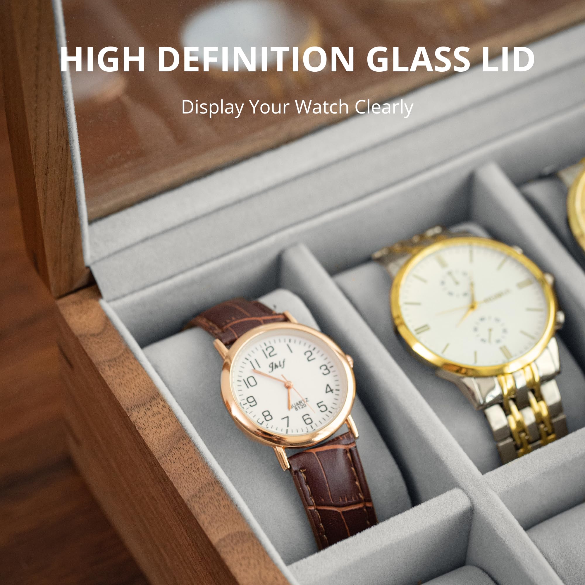 muso wood Boîte de présentation pour montres à 10 emplacements pour homme, boîte de rangement de montres avec couvercle en verre, boîtier de montre avec coussin amovible en velours, cadeau de fête des