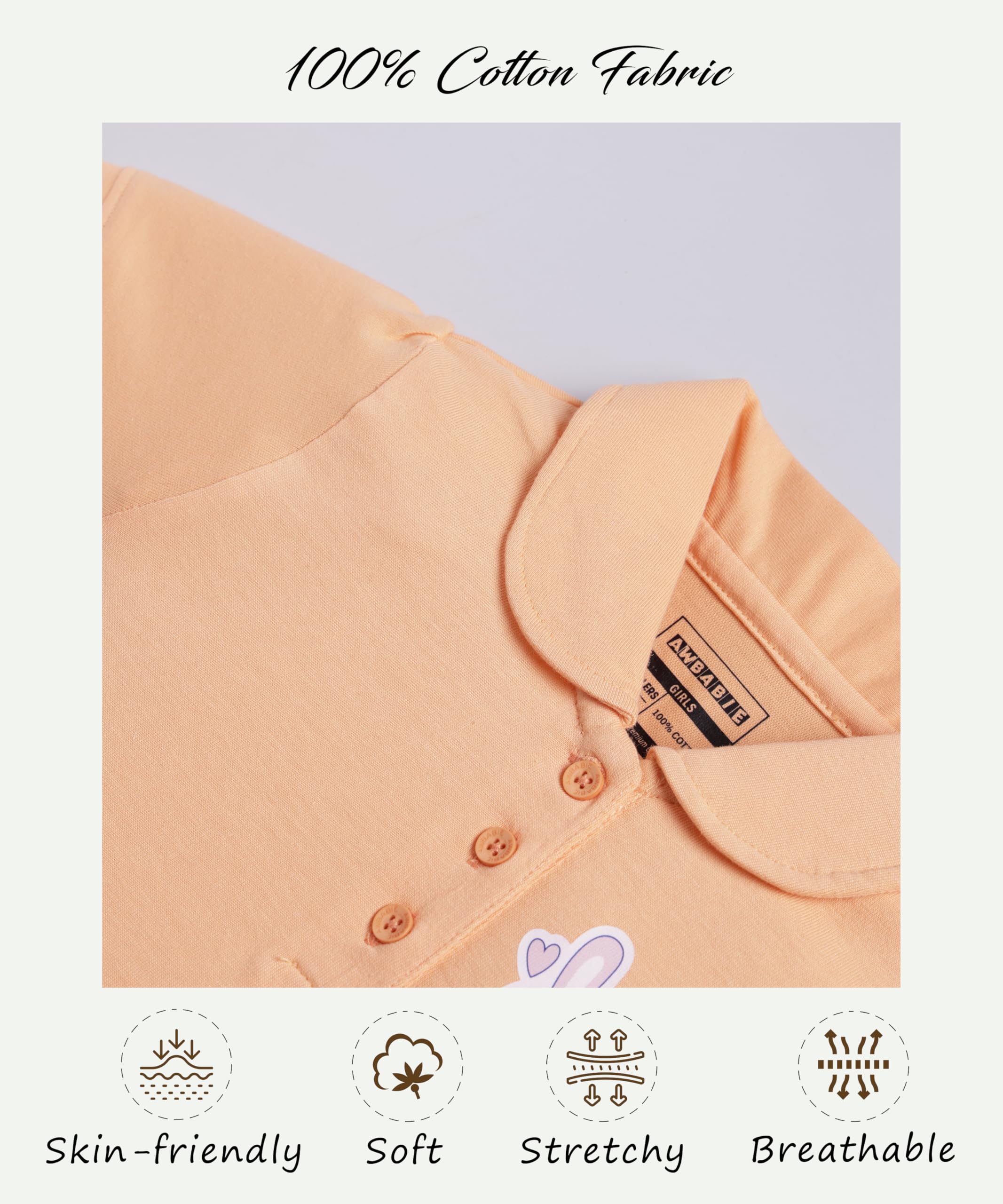 Awbabie Toddler Girls’ Polo T-Shirt | 100% Cotton | 180 GSM | Soft & Breathable | Elastic Armholes | Front Button Placket | Stylish & Comfortable (Tangerine, 2-3 Years) - Image 3 thumbnail