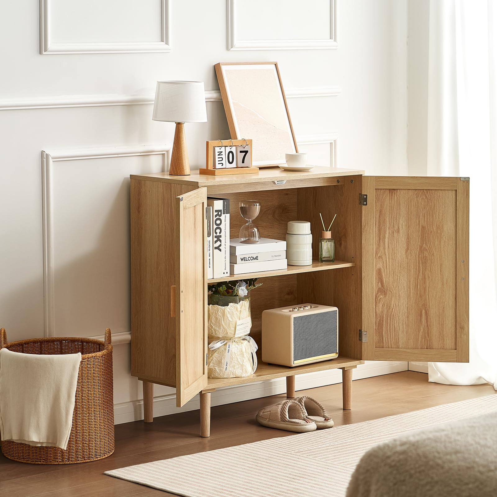 HOMCOM Opbergkast, Flexibel Dressoir Met Rotan-Deuren, Laden En Verstelbare Planken 80b X 40d X 120h Cm~1rj0ip559jg00