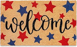 Whaline Patriotic Natural Coir Door Mat 4th of July Red Blue Star Welcome Mat Non-Slip Independen...