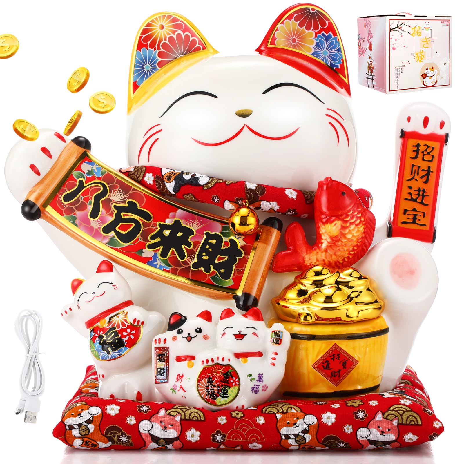 Wesiti 38 cm chiński szczęśliwy kot macha ramię duże ceramiczne maneki neko Feng Shui pieniądze fortuna kot prezent dekoracje do sklepów, restauracji, salonu, bogactwo ze wszystkich kierunków, bateria