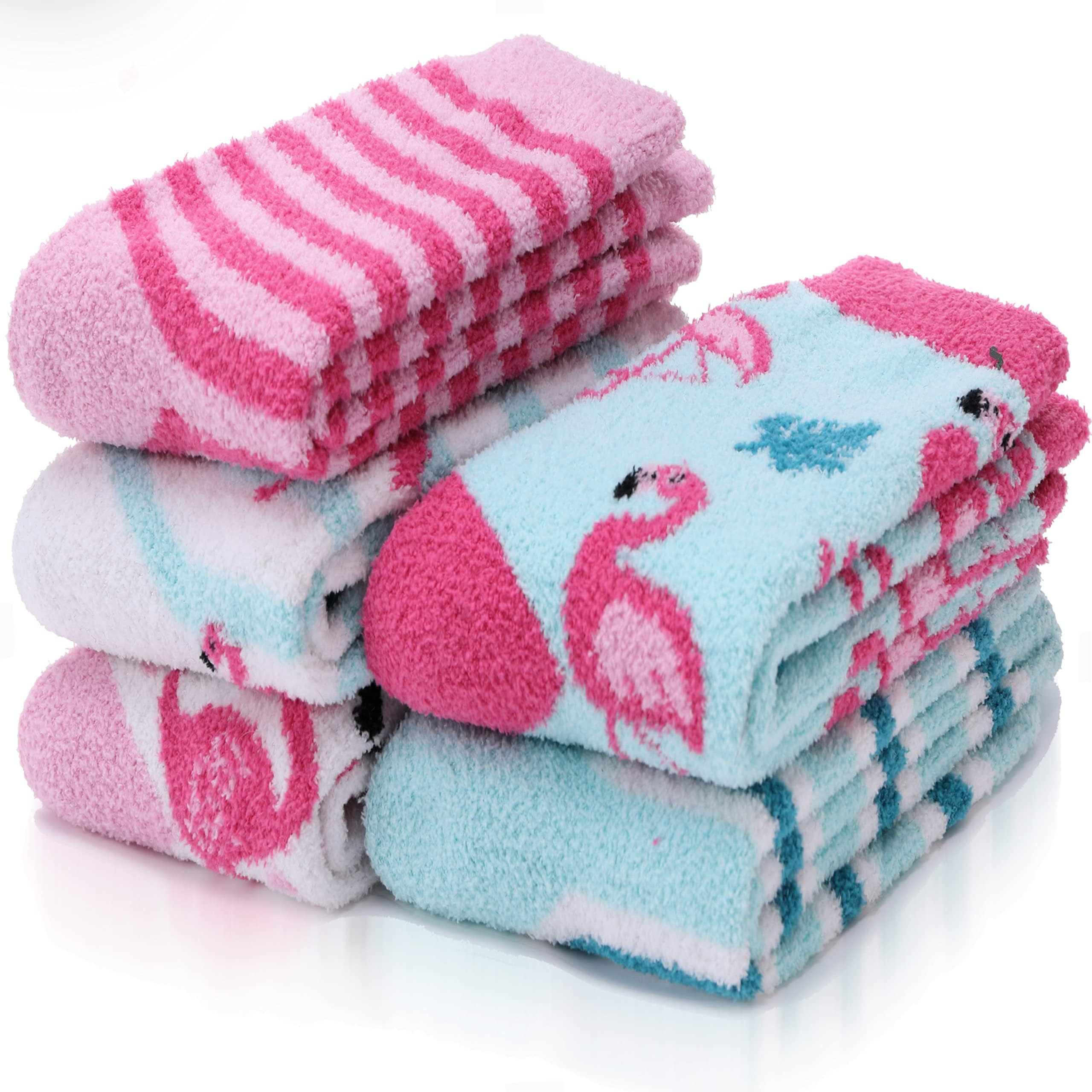 EBMOREWomens Fuzzy Socks Slipper Soft Cabin Plush Warm Fluffy Winter Christmas Sleep Stocking Stuffers Cozy Adult Socks（Flamingo A(5 Pairs)）