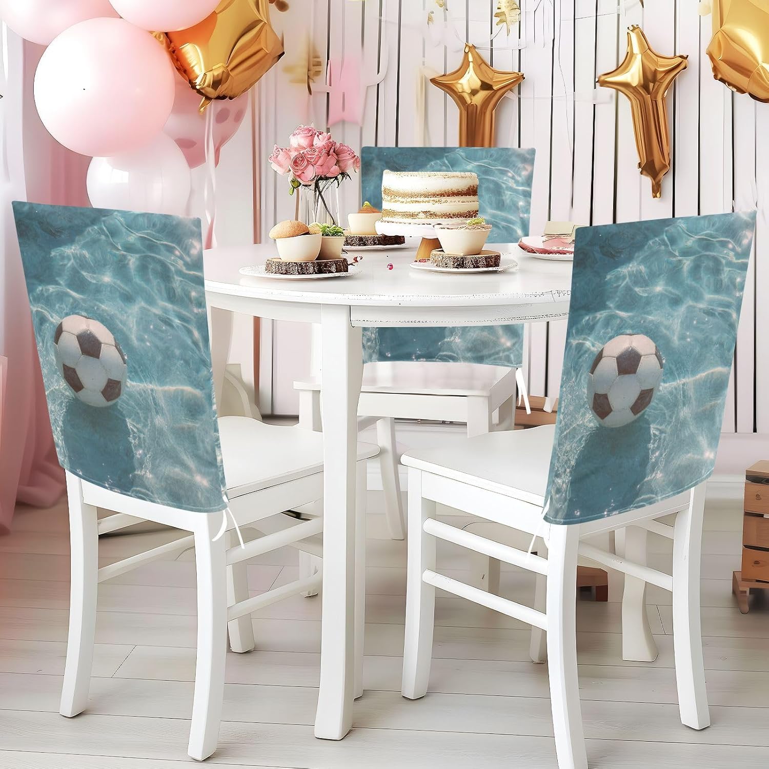 ALAZA Soccer on Swimming Pool Chair Back Cover Set of 6, Washable Reusable Removable Chair Slipcovers Decorative Chair Cover for Home Kitchen Wedding Party