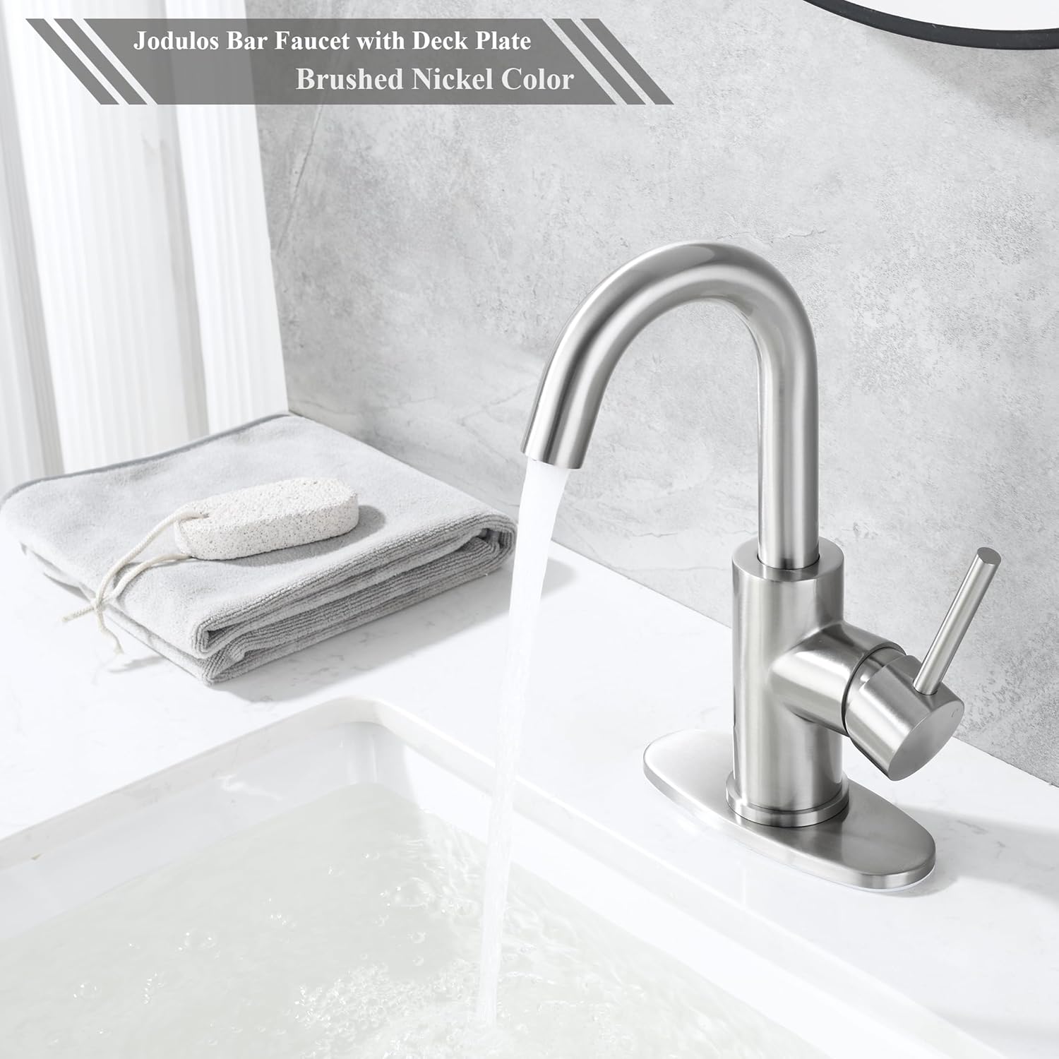 Brushed Nickel Bar Sink Faucet, Wet bar Faucet with 3 Hole Deck Plate and Supply Lines, Stainless Steel Single Handle Faucet for Bar Sink, Bathroom and Mini Kitchen Sink JU1100-BN