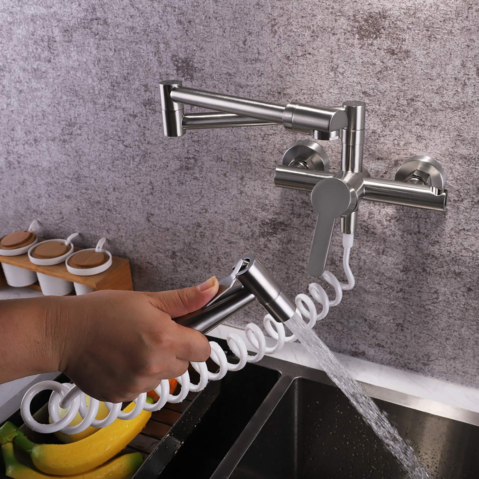 Rubinetto da Cucina Pieghevole in Ottone Rubinetto da Cucina a Parete Rubinetto da Cucina con Acqua Calda e Fredda Rubinetto a Braccio oscillante a Doppio snodo con Spray palmare,s