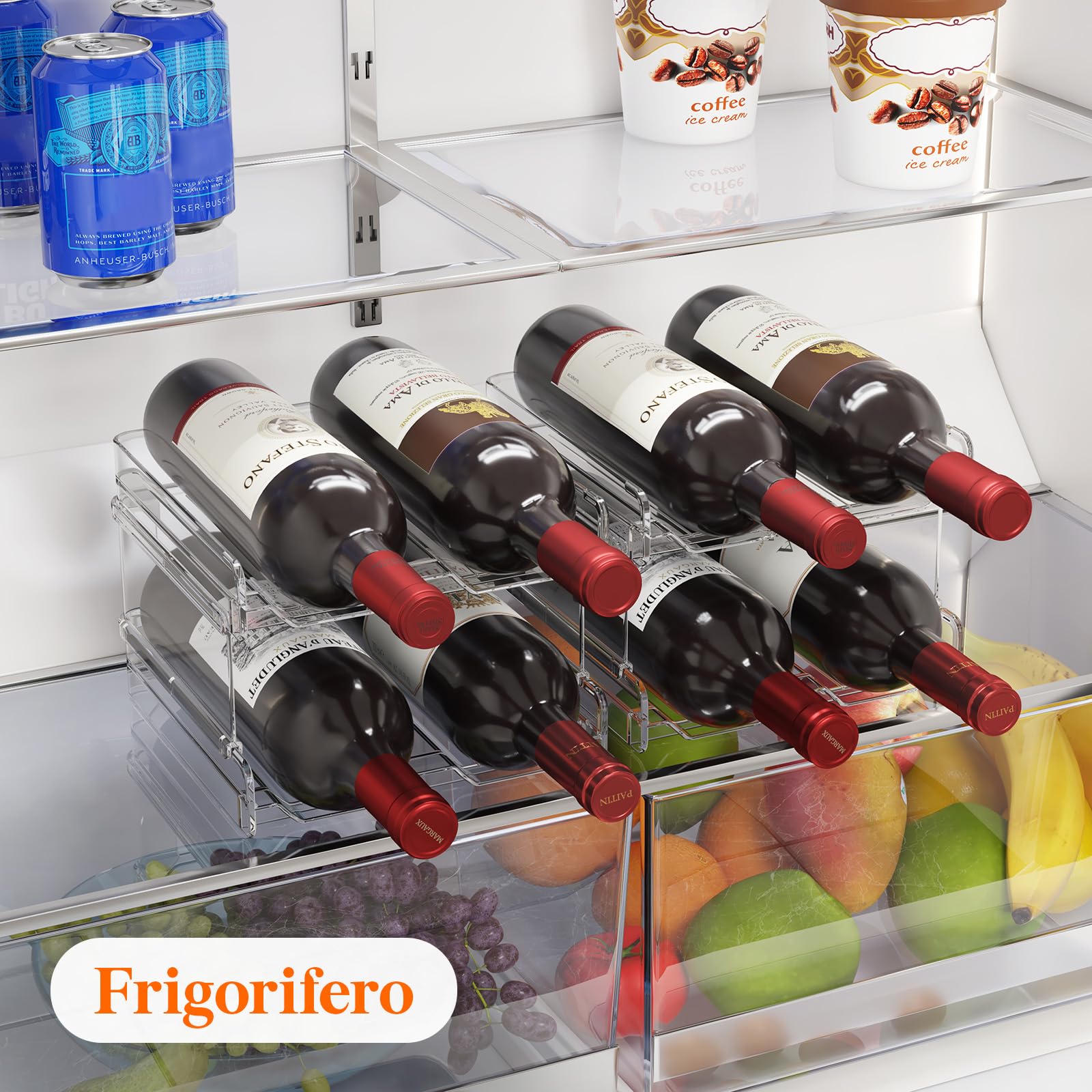 Lifewit Portabottiglie Impilabile in Plastica per Frigorifero, Armadio, Bancone, Portabottiglie da Vino, Organizer per Bottiglie d’Acqua Può Contenere 4 Bottiglie, Trasparente