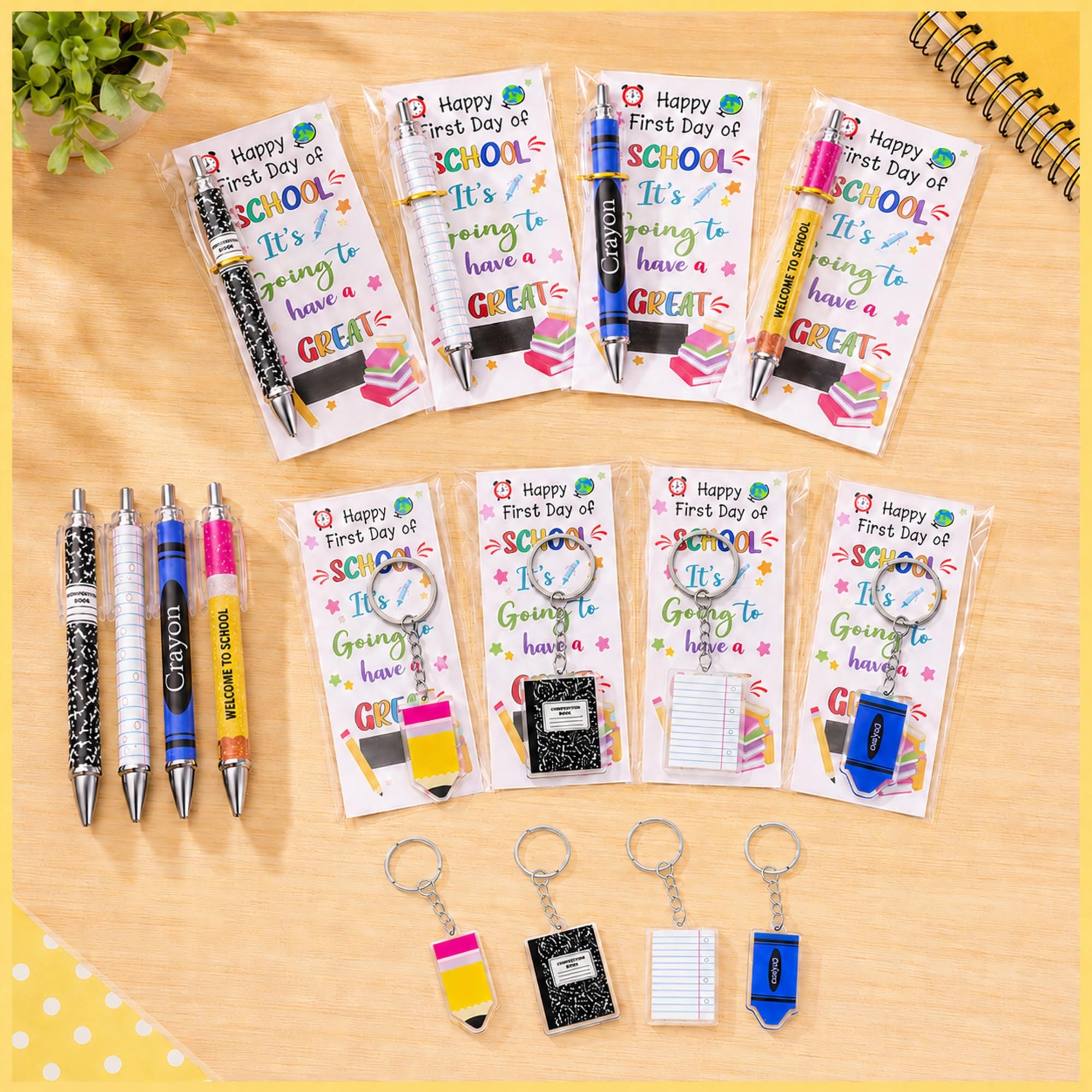 Lot de 72 cadeaux de rentrée scolaire pour étudiants, enseignants, stylos à bille, porte-clés avec cartes de vœux pour le premier jour d'école, récompenses en classe, fournitures de fête
