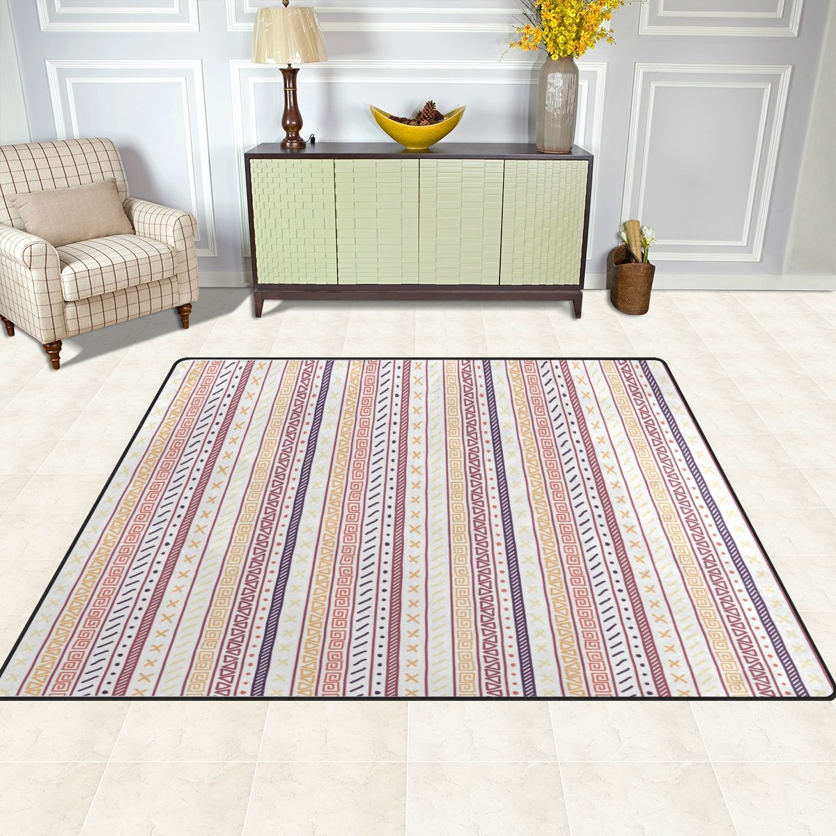 Style Ethnique Motif imprimé Grande Surface Rugs, léger, antidérapant Antistatique Hydrofuge Tapis de Sol pour Salon Chambre à Coucher, 160 x 122 cm