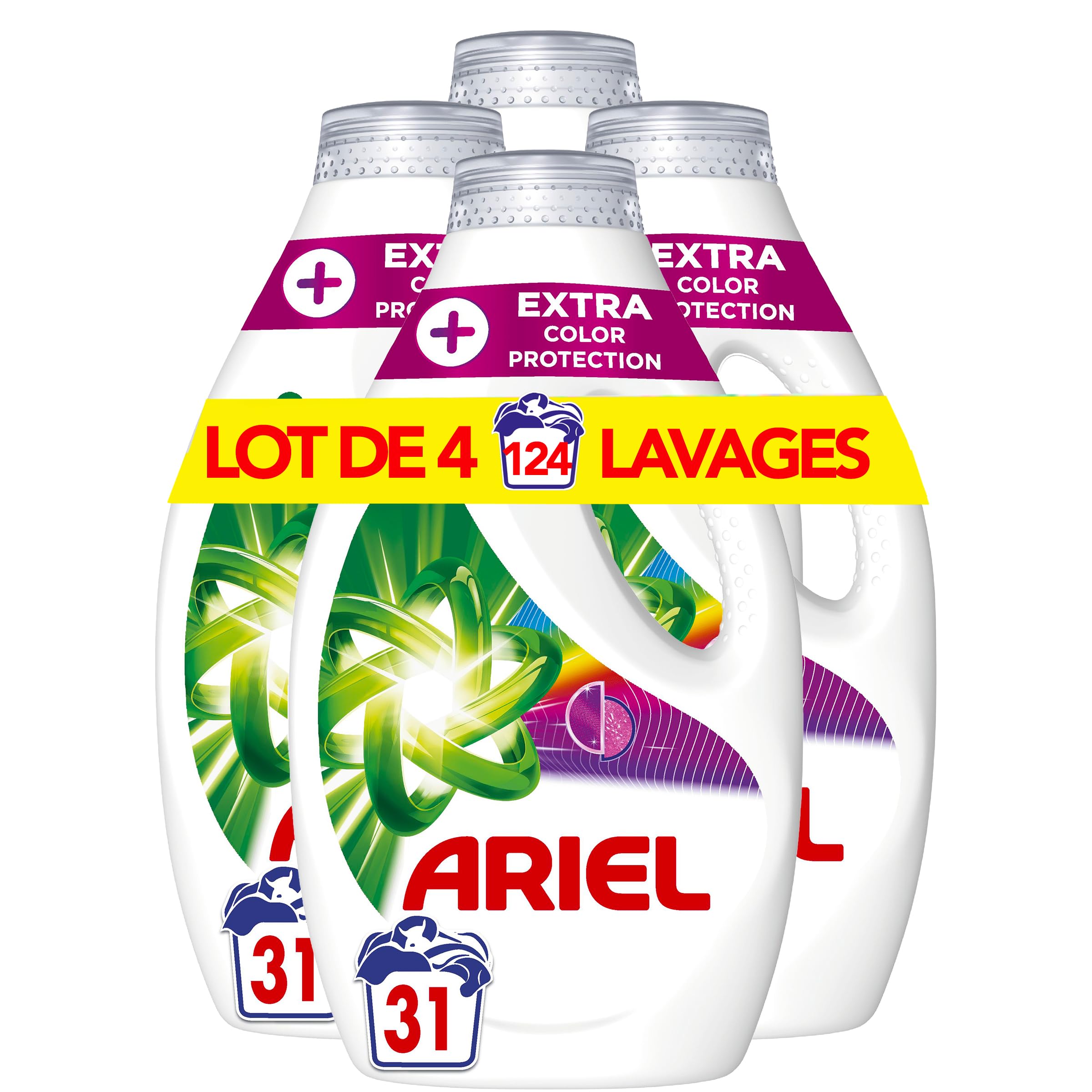 Ariel Lessive Liquide, 124 Lavages (4x31 lavages, Nettoyage impeccable et protection de la couleur, Technologie de rajeunissement des fibres