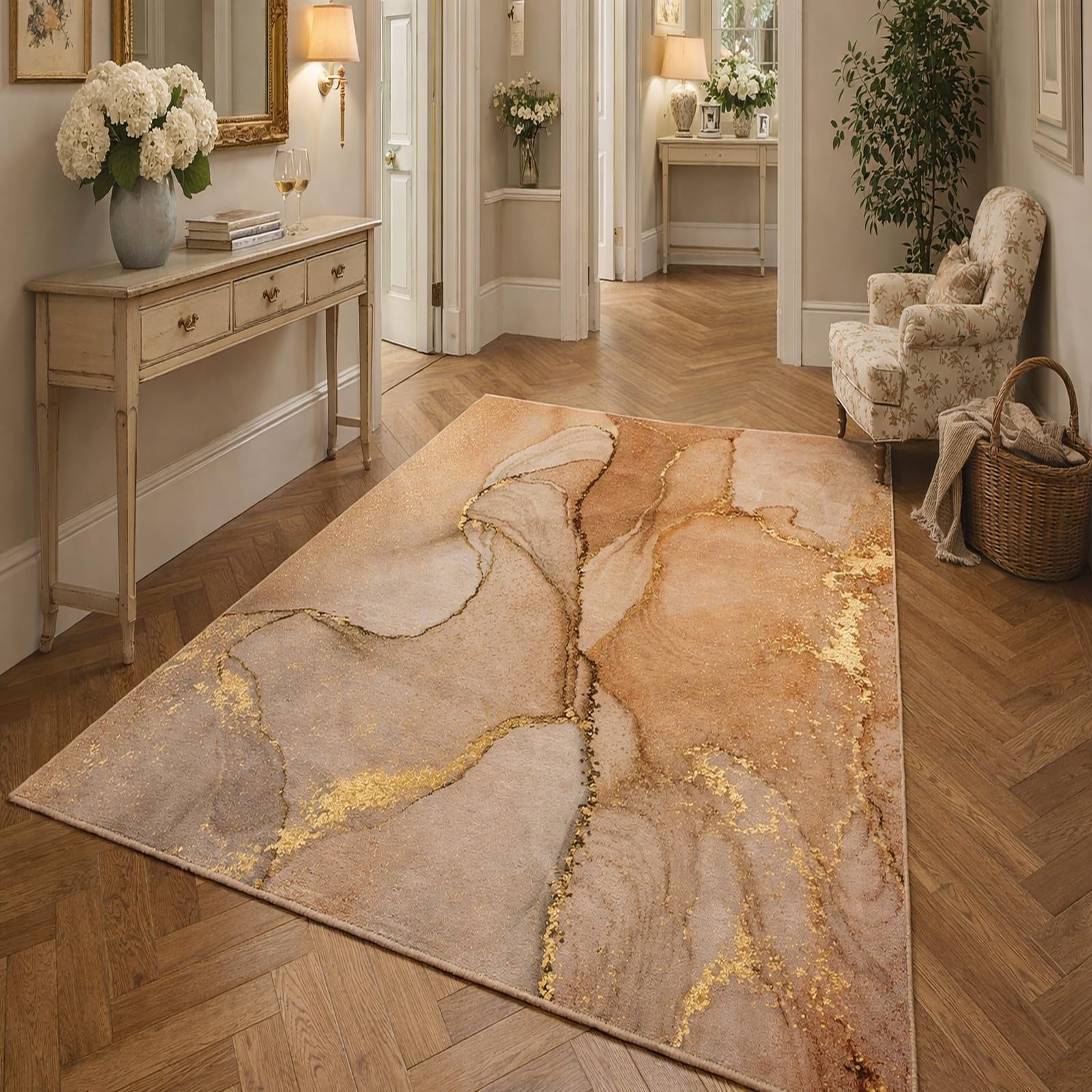 Tapis de chambre abstrait aux finitions soignées et nuances terre cuite haut de gamme