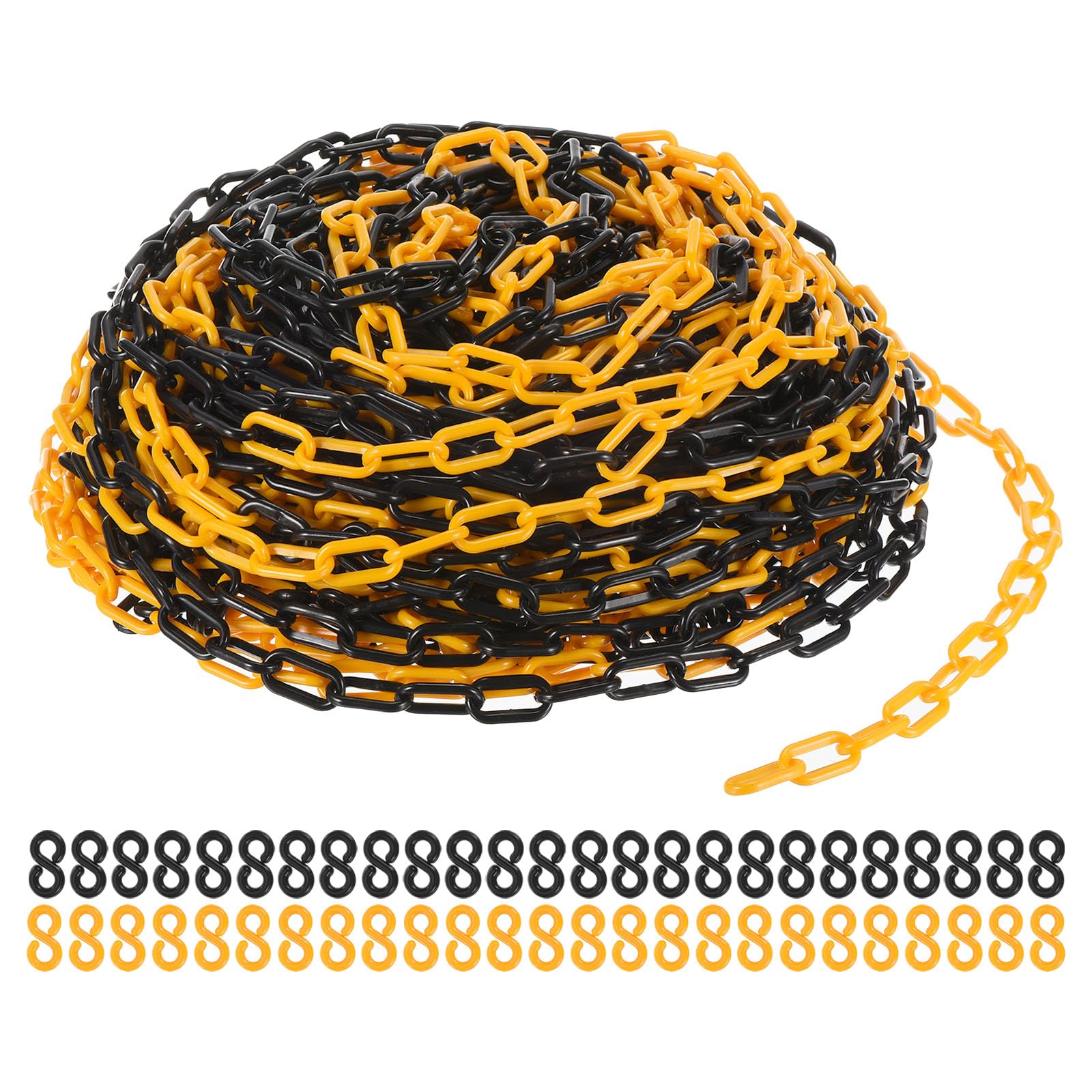 PATIKIL Chaînes en Plastique, Maillons de 200 Pieds, Jaune/Noir, 0,24"/6 mm de Hauteur, Avec 25 crochet Jaunes et 25 crochet Noirs pour Les Barrières de Sécurité
