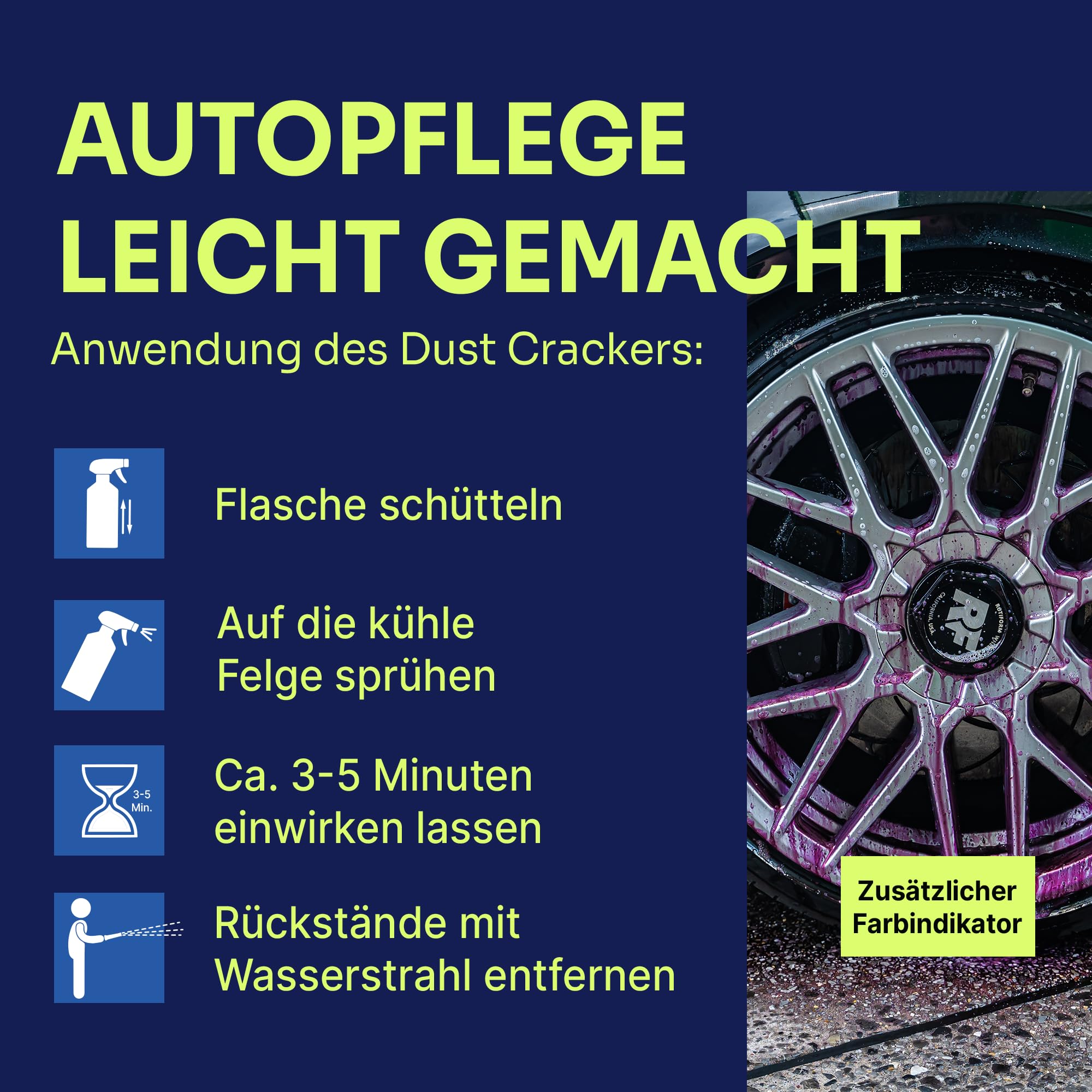 Liquid Elements Dust Cracker Set Ultra, 3x1L + Bürste M & XL + Tücher | Felgenreinigerspray inkl. Sprühflasche, für alle Felgentypen, säurefrei, effektive Reinigung & Pflege