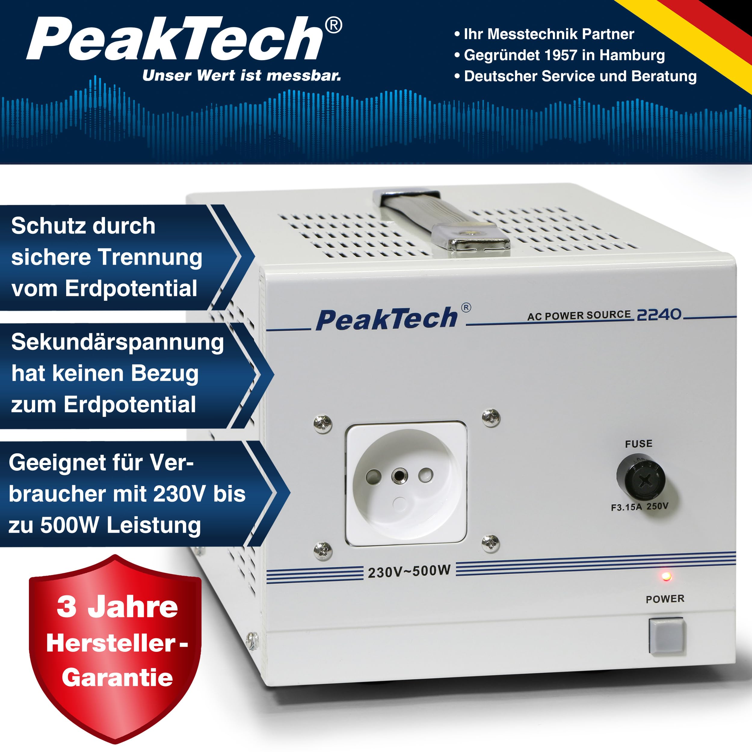 PeakTech 2240 - Mobiler Trenntransformator - Sicherheitstransformator 500VA