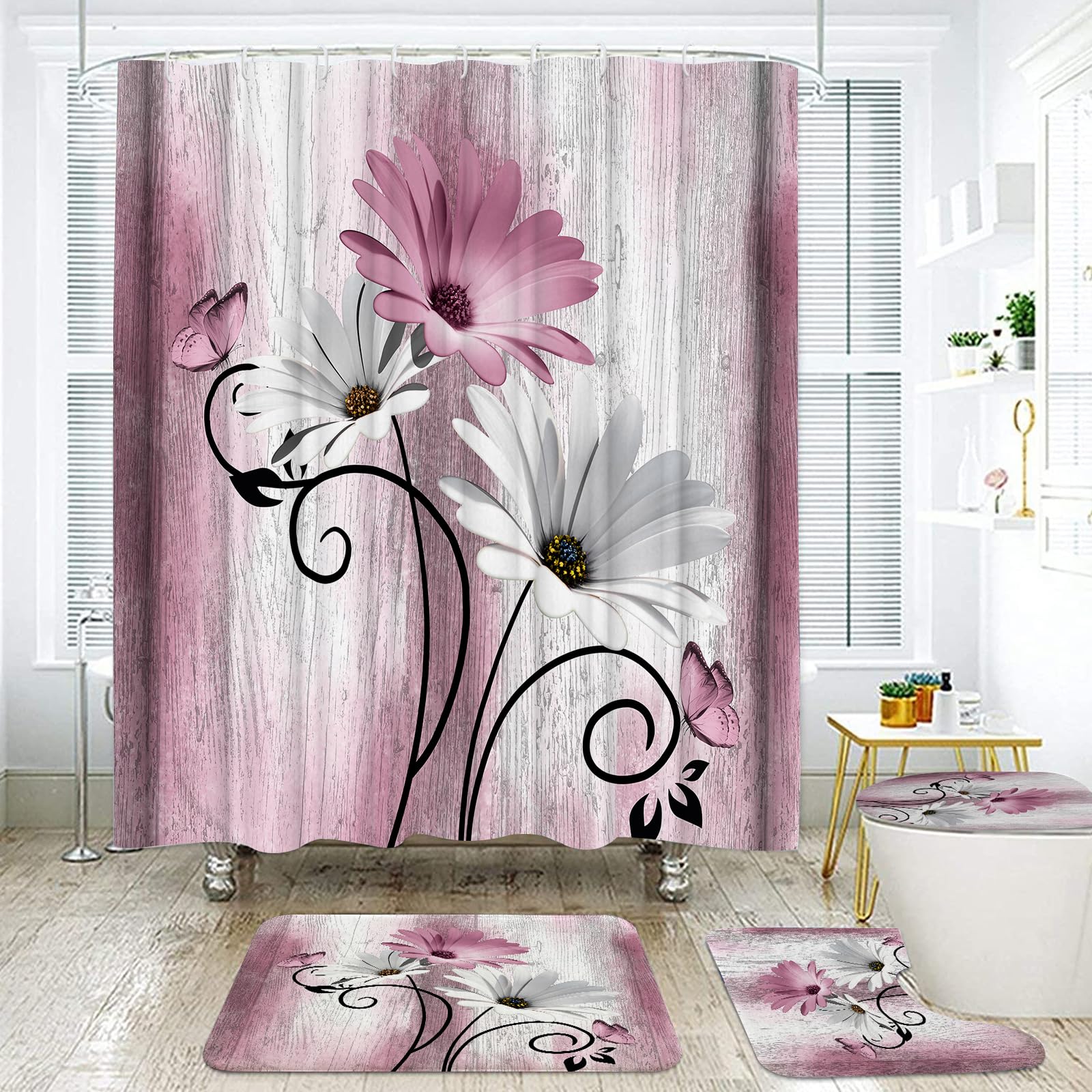 Rideau de douche avec tapis Onalasyc pour une salle de bain moderne