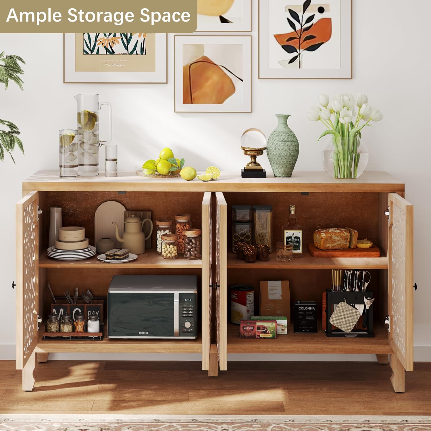 Buffet Cabinet with Storage, 4 Carved Doors Accent Cabinet, Solid Wood Buffet Sideboard with Adjustable Shelf, Vintage Cabinets for Kitchen, Living Room, Entryway, Natural&White